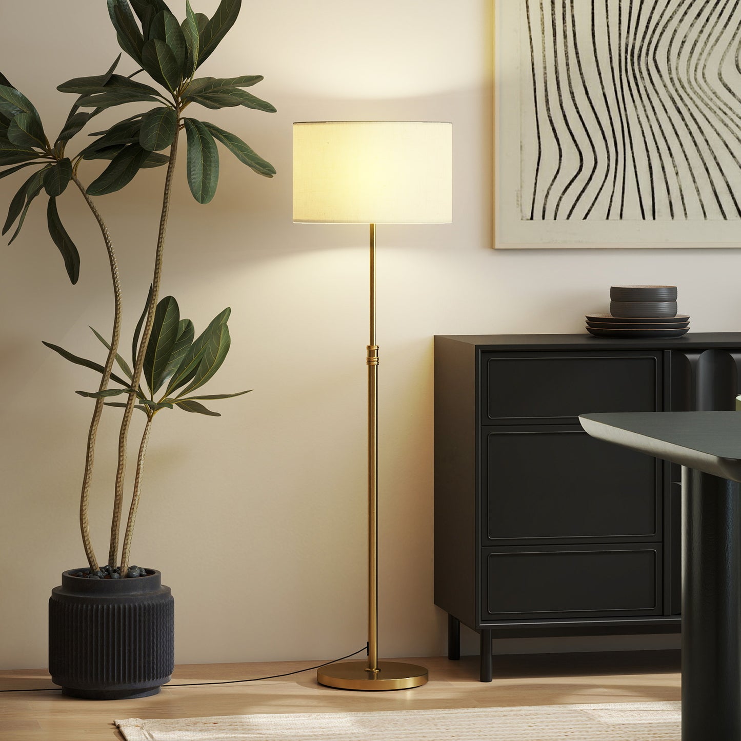 HOMCOM Floor Lamp With Remote And Dimmable Colour Temperature 3000K-6000K, Height Adjustable Linen Shade, Gold Tone