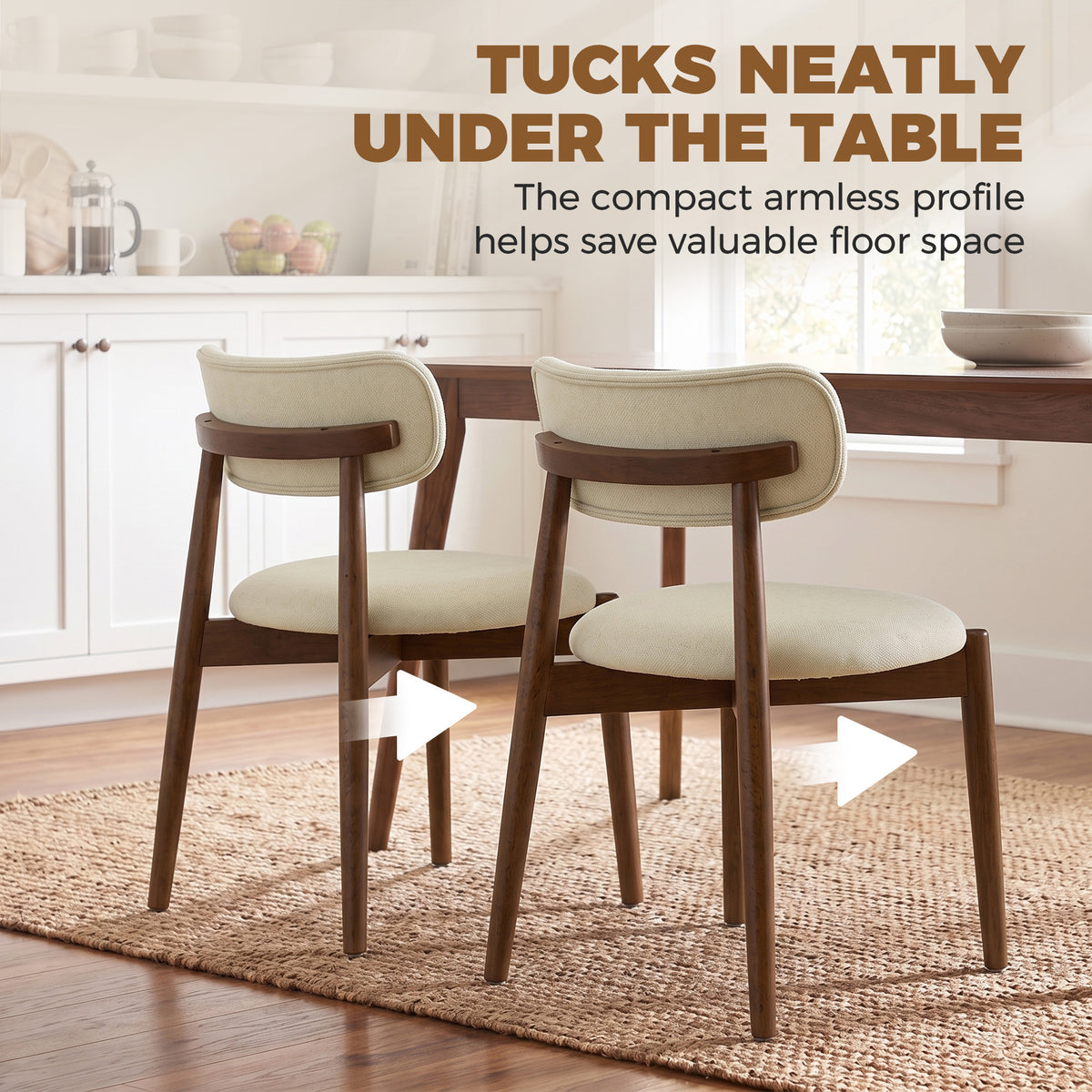 Beige chenille dining chair pair with curved backs and cushioned seats