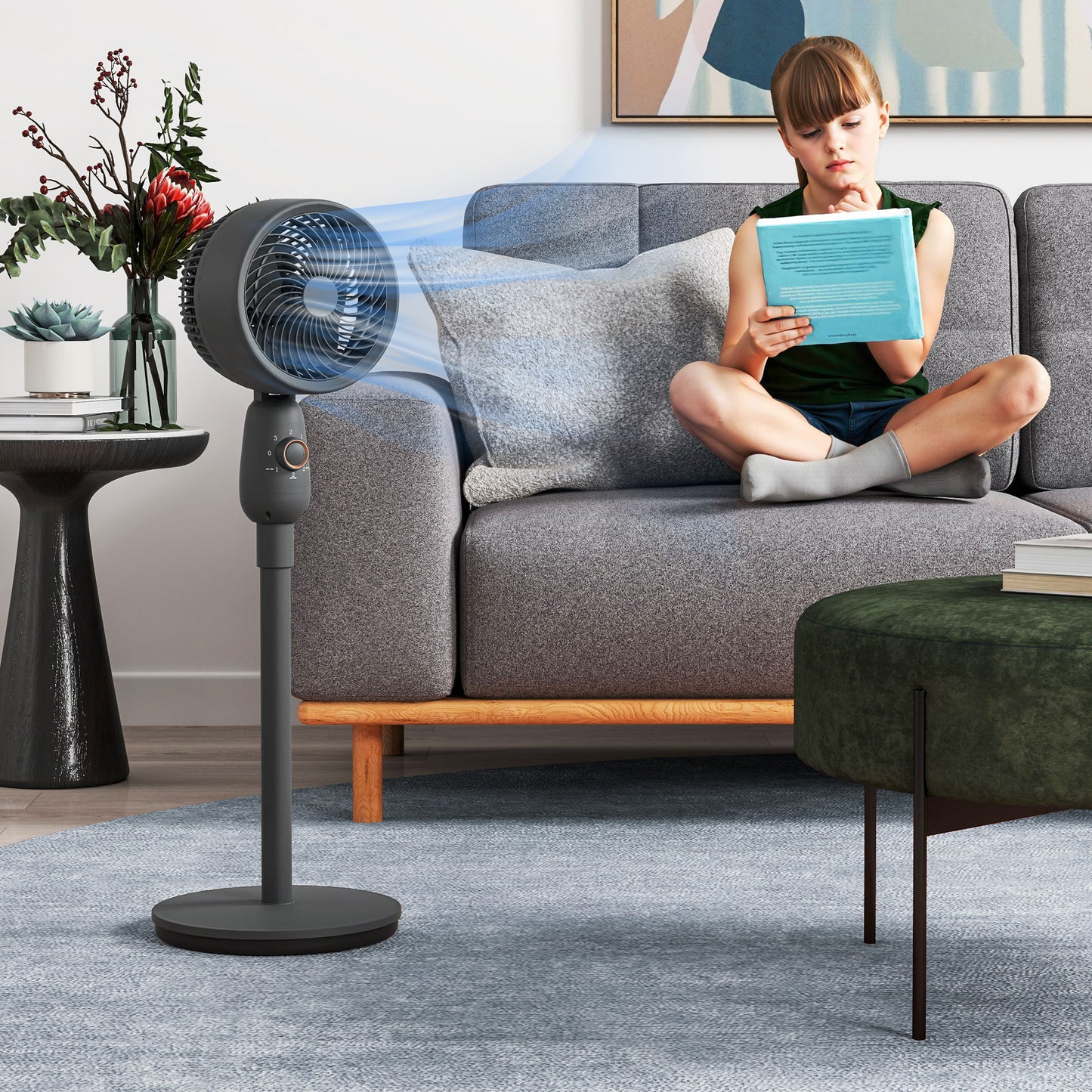 HOMCOM 12 Inch Pedestal Fan With 3 Speeds, Oscillating Floor Standing Air Circulator For Bedroom Office Grey