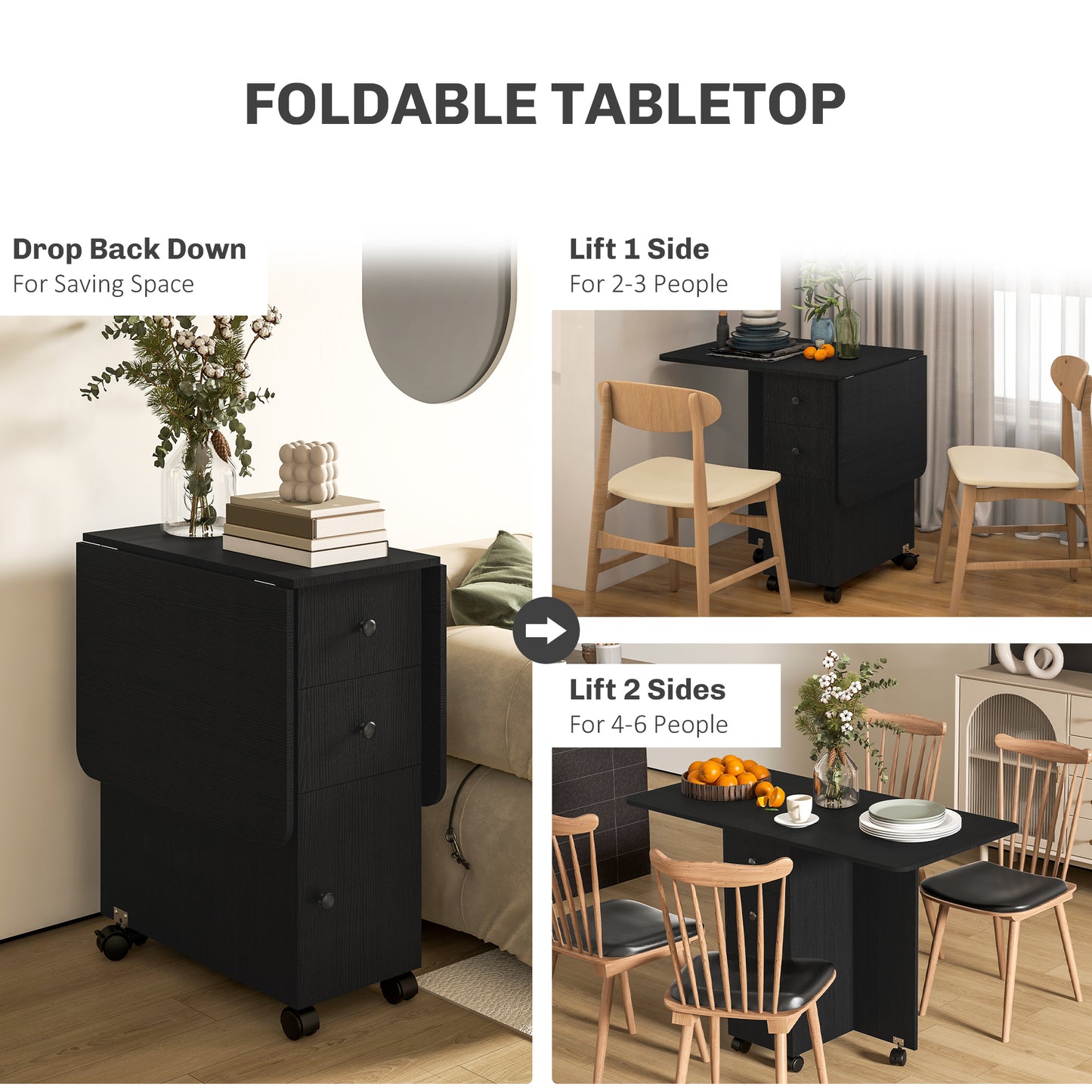 HOMCOM Folding Drop Leaf Dining Table Set With Storage And Four Chairs In Black Finish