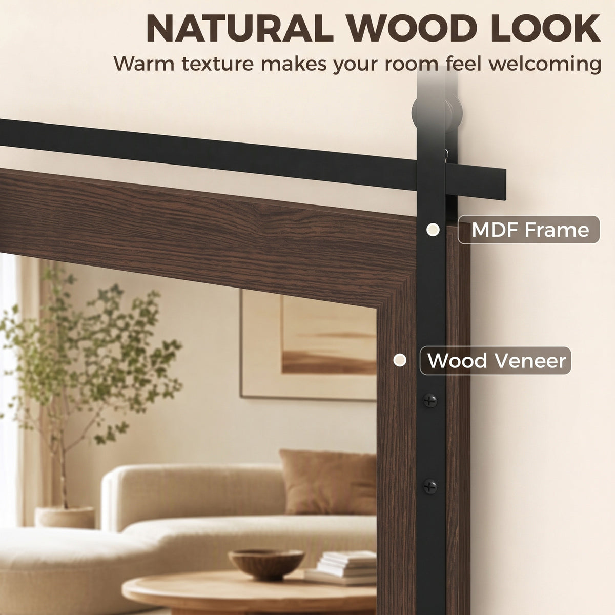 Dark brown farmhouse wall mirror with wood-look frame and black mounting hardware
