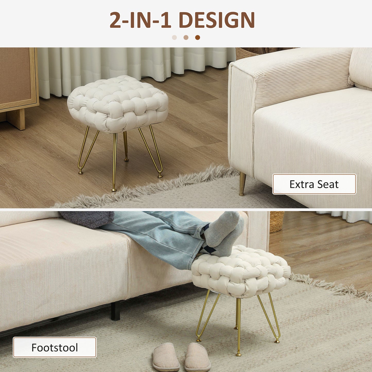 Homcom Velvet Feel Bold Cross Woven Footstool Cream White Living Room Friendly Padded Comfort