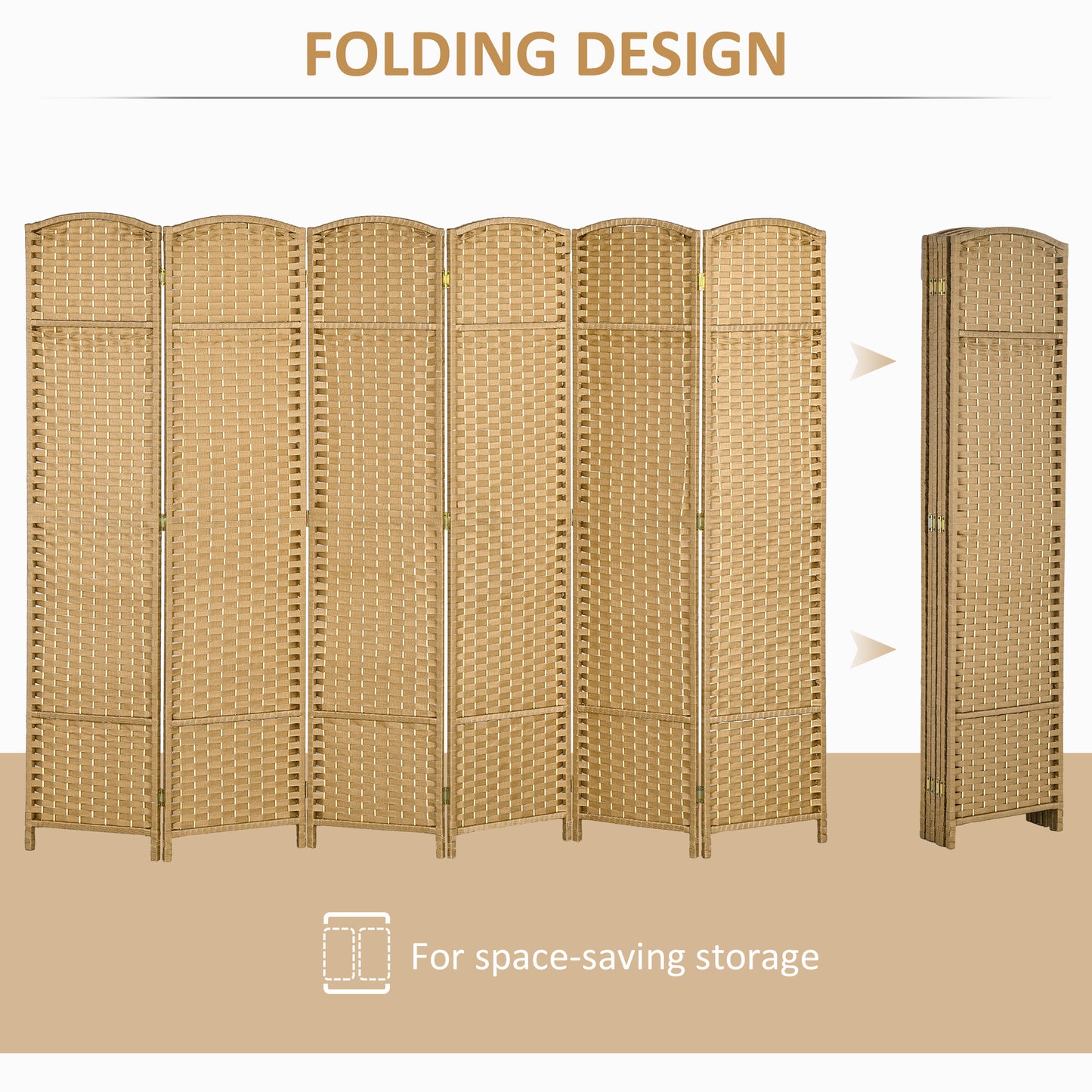HOMCOM 6 Panel Folding Room Divider Freestanding Privacy Screen 240 x 170 cm Natural for Living Room Bedroom Office