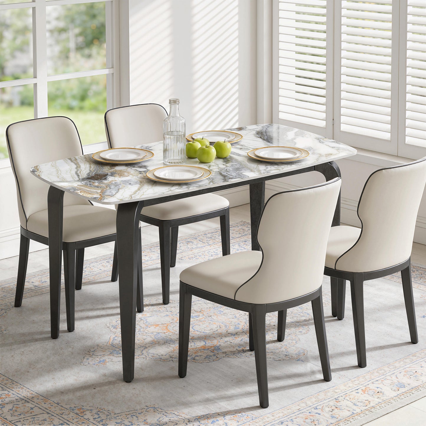 HOMCOM 4 Seat Dining Table With Sintered Stone Top And Heat Resistant Metal Legs White Modern Kitchen Table