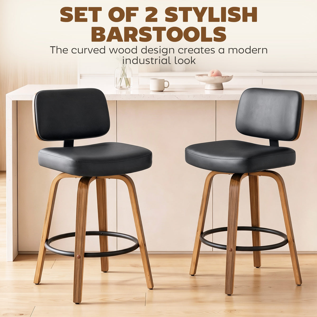 HOMCOM Swivel Bar Stools Set of 2 Padded PU Seats with Backrest and Footrest