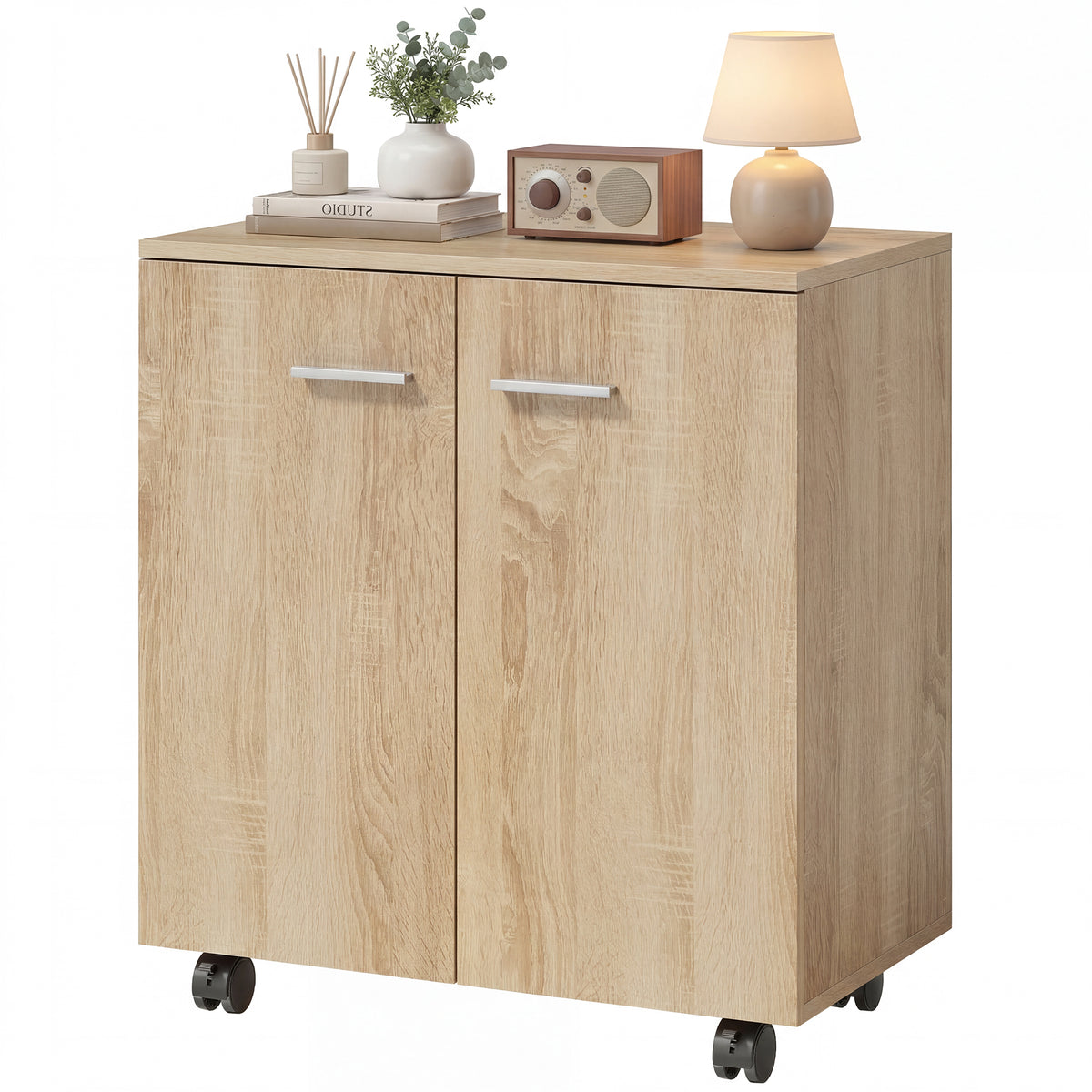 Mobile sideboard cabinet with 2 doors, light wood-look finish, casters