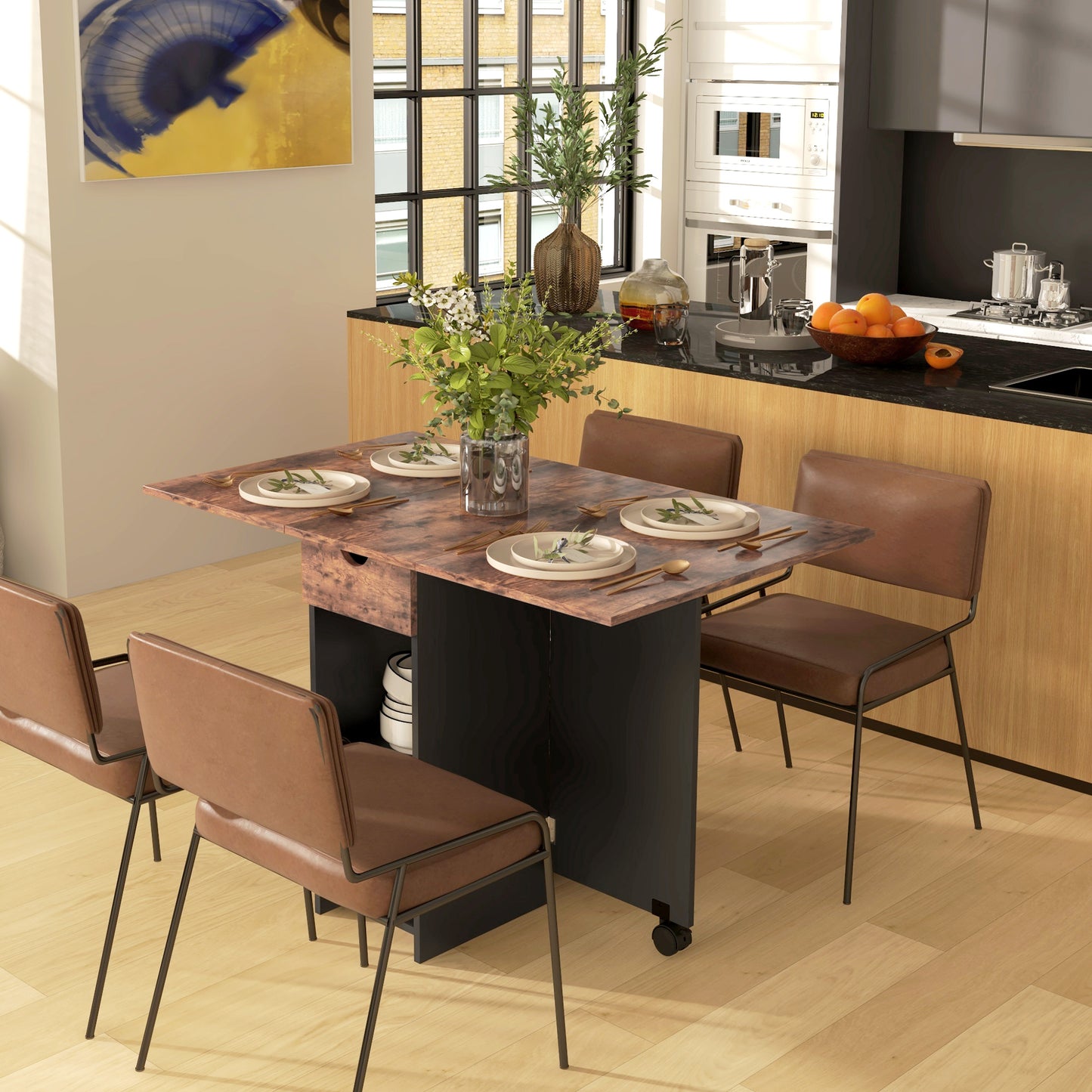 HOMCOM Folding Dining Table With Drop Leaves For Small Spaces Drawer And Storage Shelves Rustic Brown Finish