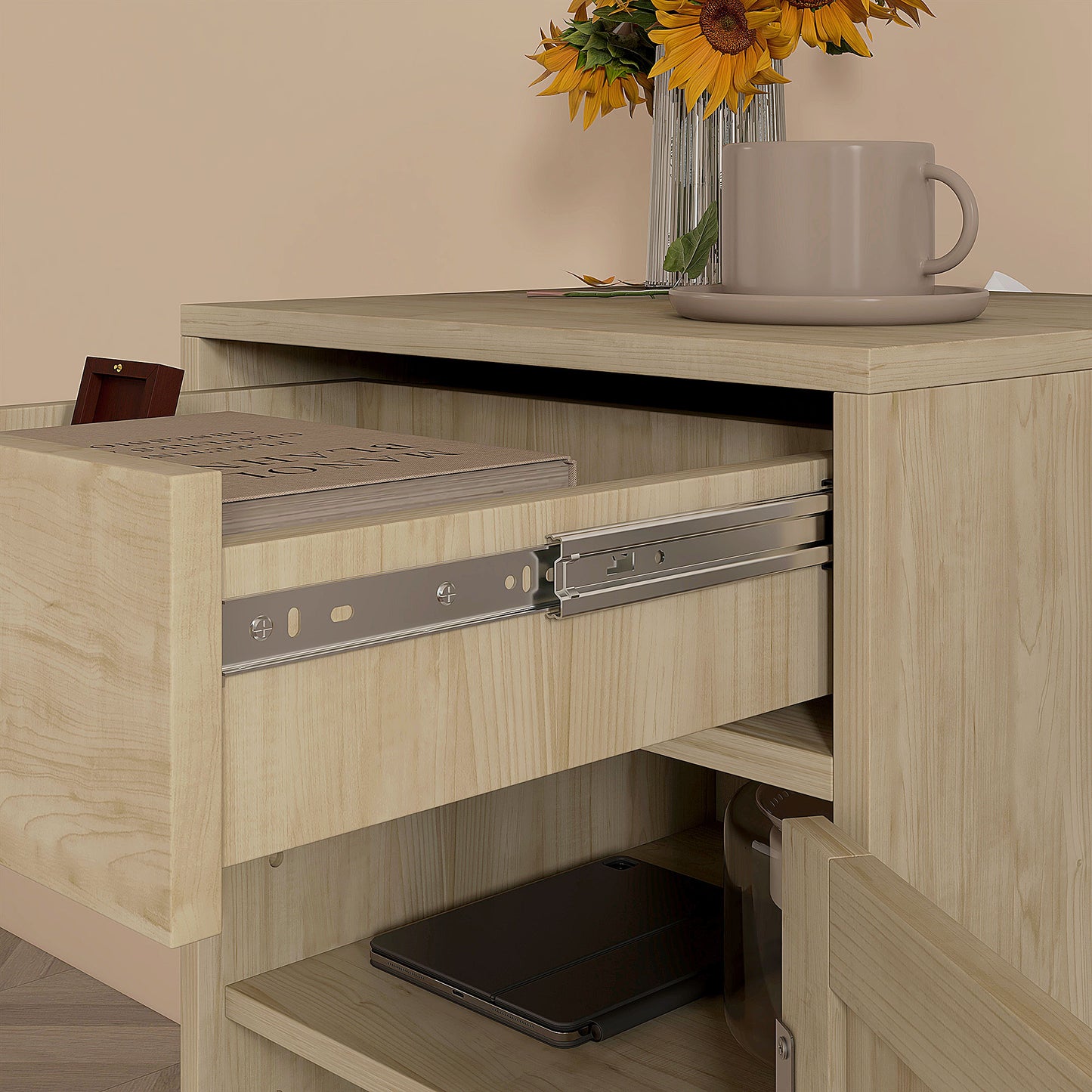 HOMCOM Two Bedside Tables Rattan With Drawer And Cabinet Adjustable Shelf Storage For Bedroom Living Room