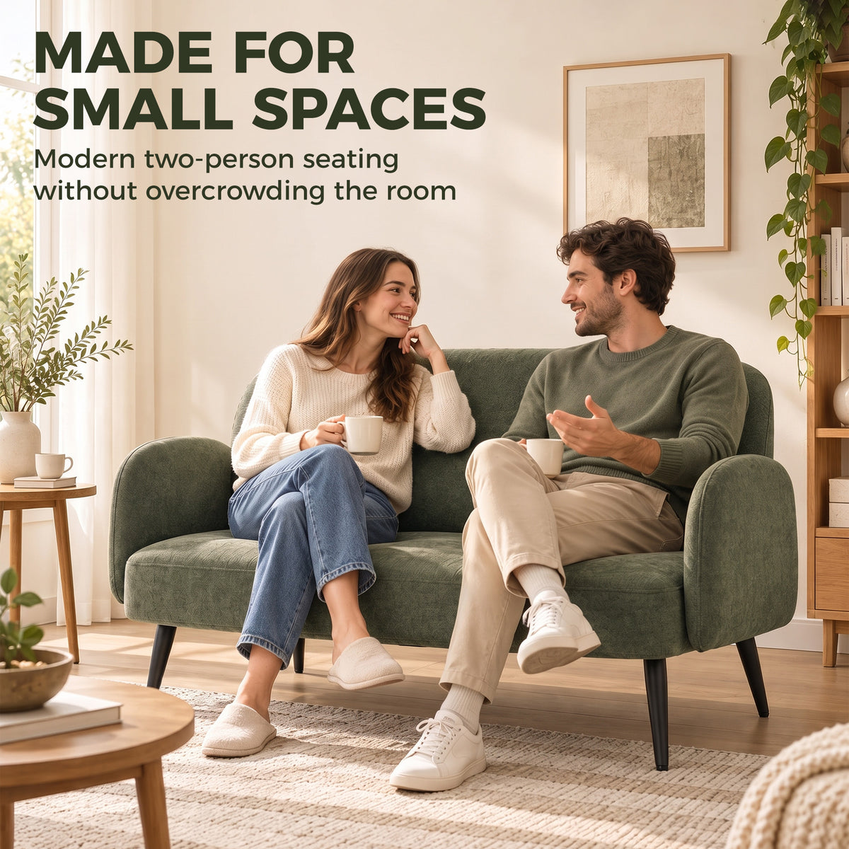 Green velvet 2-seat sofa with wide seat, curved arms, and black metal legs