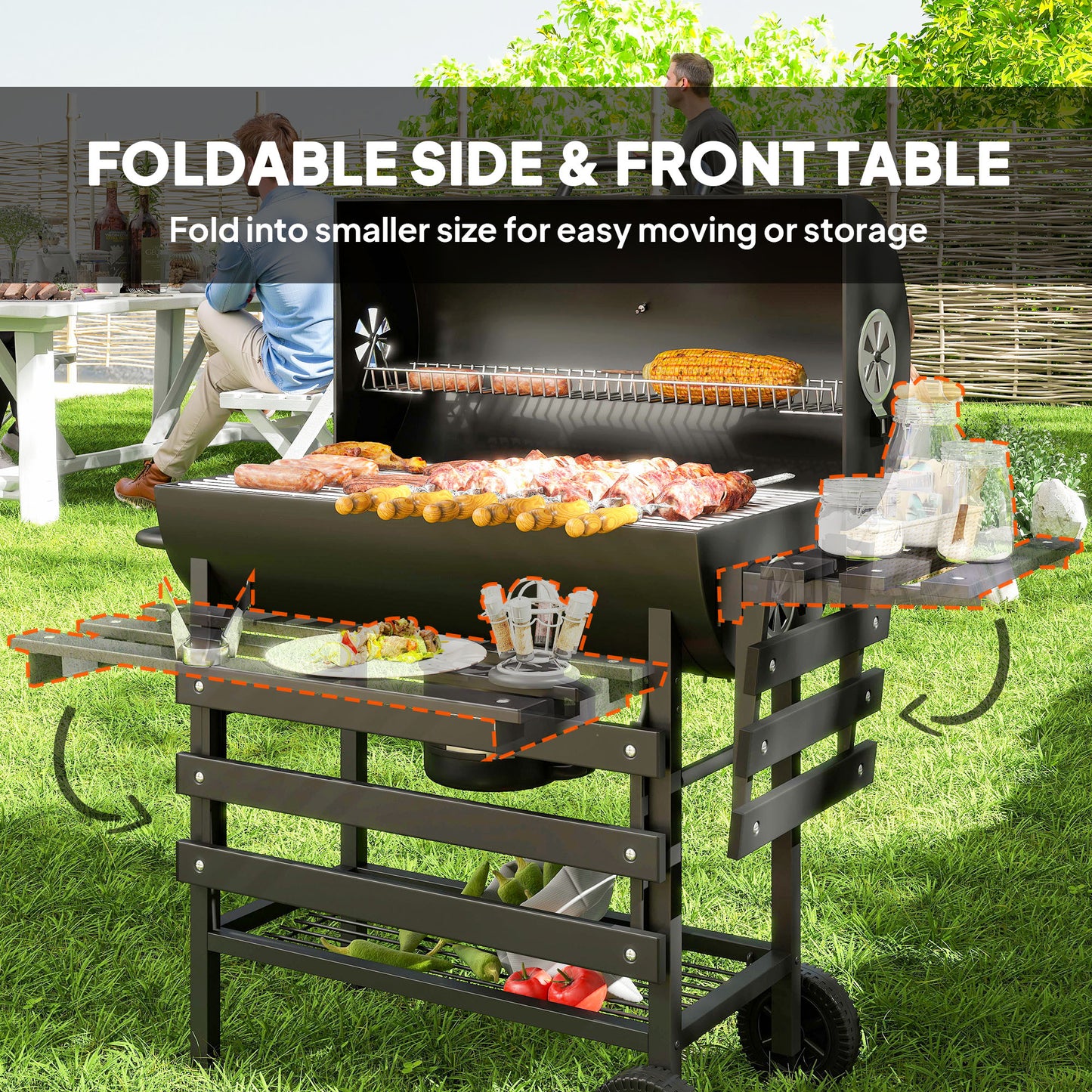 Outsunny Charcoal BBQ Grill With Foldable Front Shelf And Wheels Smoker With Warming Rack Temp Gauge And Lid Black