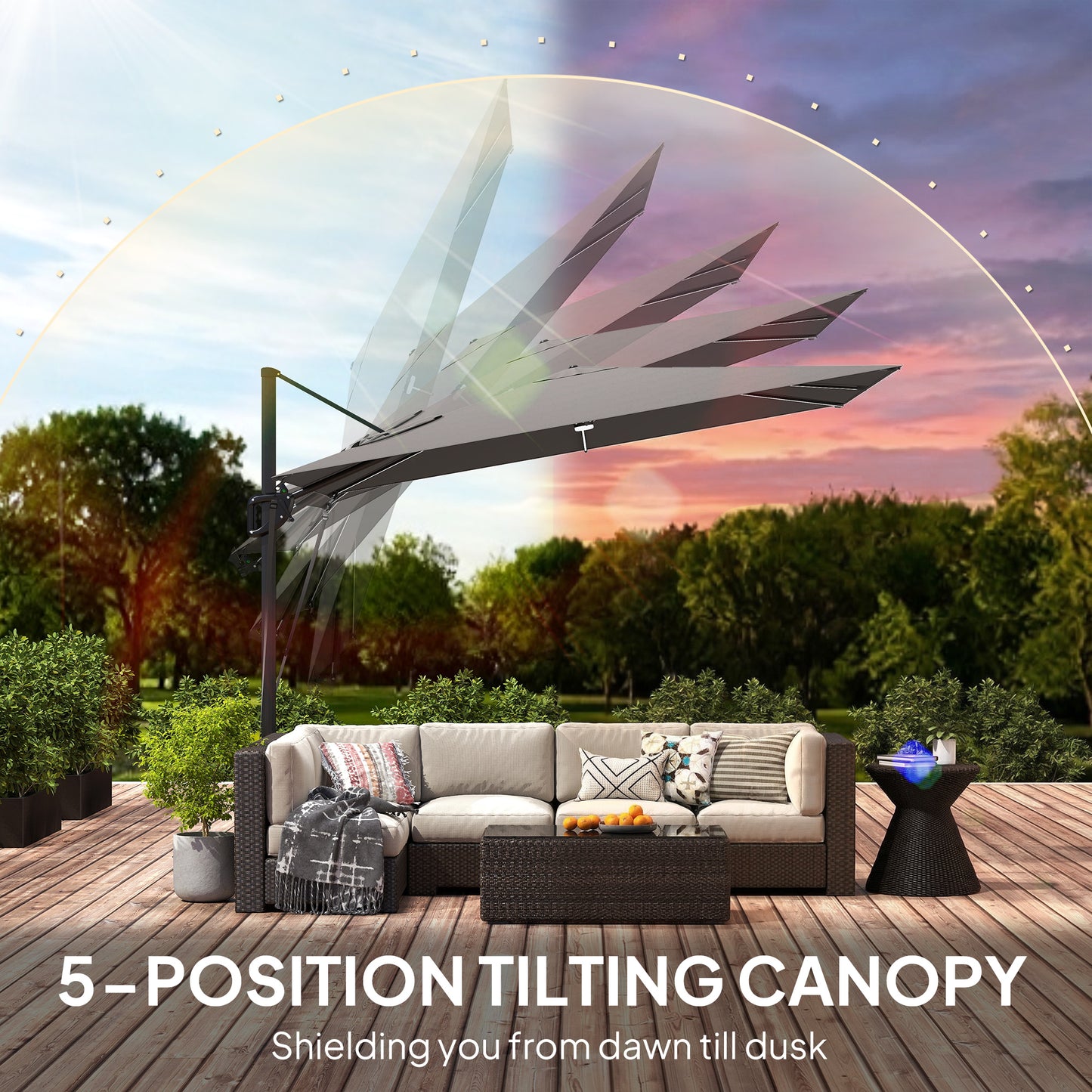 Outsunny 3x3m Garden Cantilever Parasol With Light And Cover UPF50 Plus Wind Protection 360 Degree Rotation Dark Grey