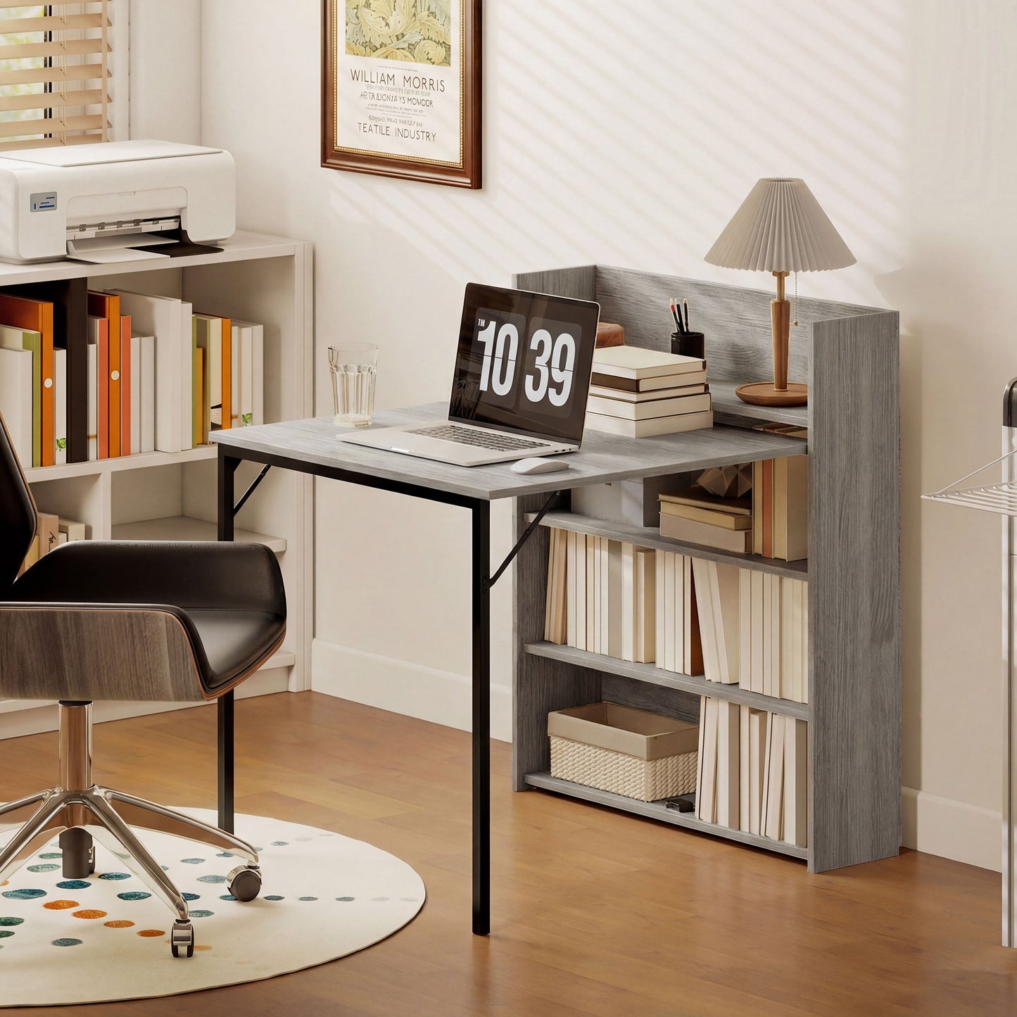 HOMCOM Kitchen Table Folding Dining Table With 4 Tier Shelves Modern Drop Leaf Table Grey Wood Effect