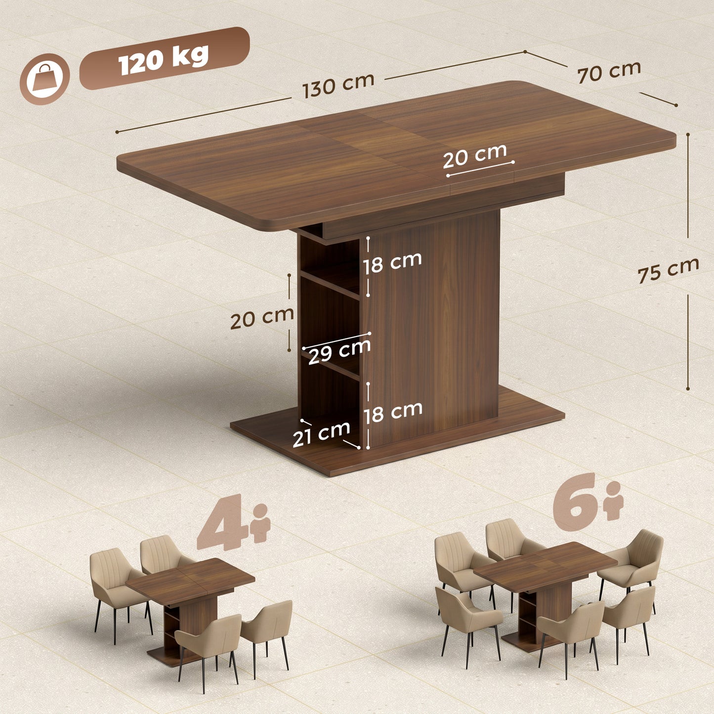 HOMCOM Extendable Dining Table 110 to 130 cm for 4 to 6 People with 6 Open Shelves Walnut Brown