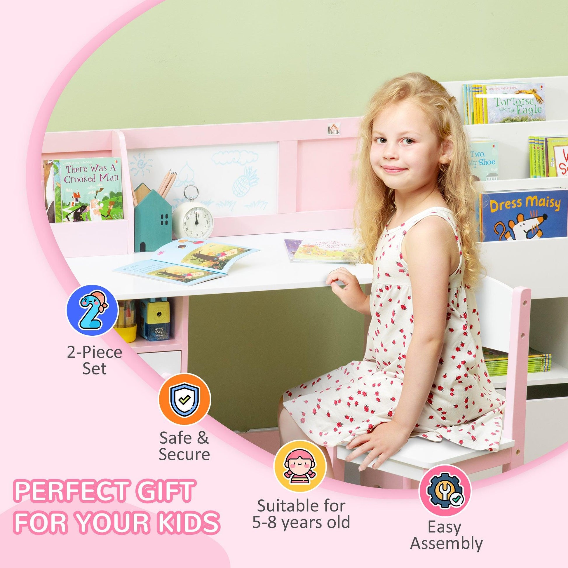 HOMCOM 2 PCs Childrens Table and Chair Set w/ Whiteboard Storage - Pink - ALL4U RETAILER LTD