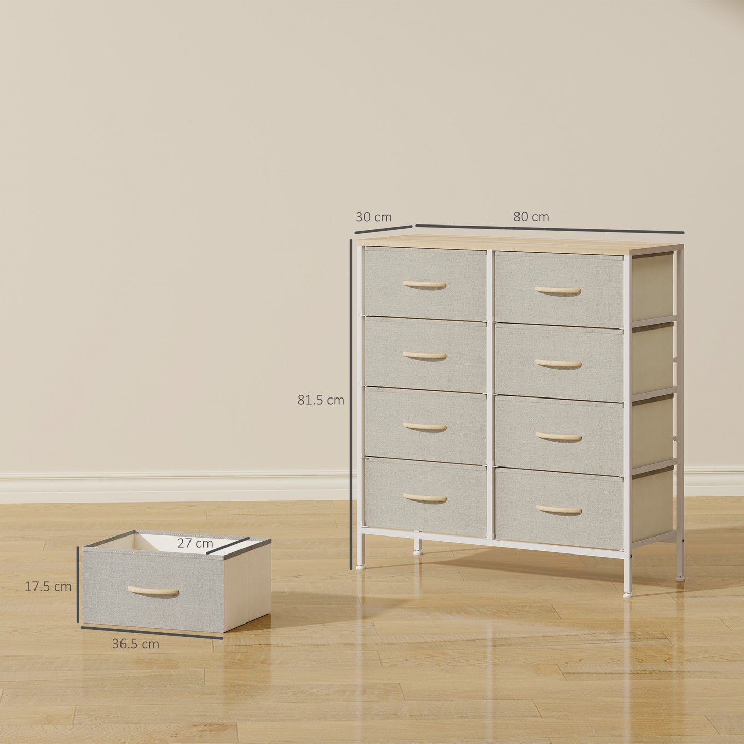HOMCOM Fabric Chest Of Drawers With 8 Fabric Drawers Steel Frame Maple Wood Top Dresser For Nursery Living Room Hallway