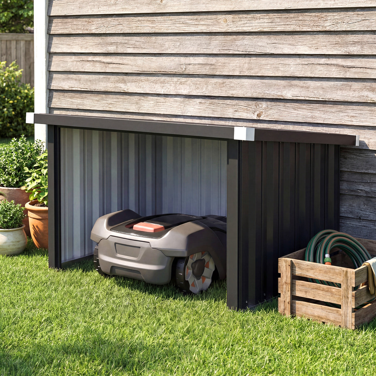 Robot mower storage shed with sloped roof, dark steel siding, mower parked inside