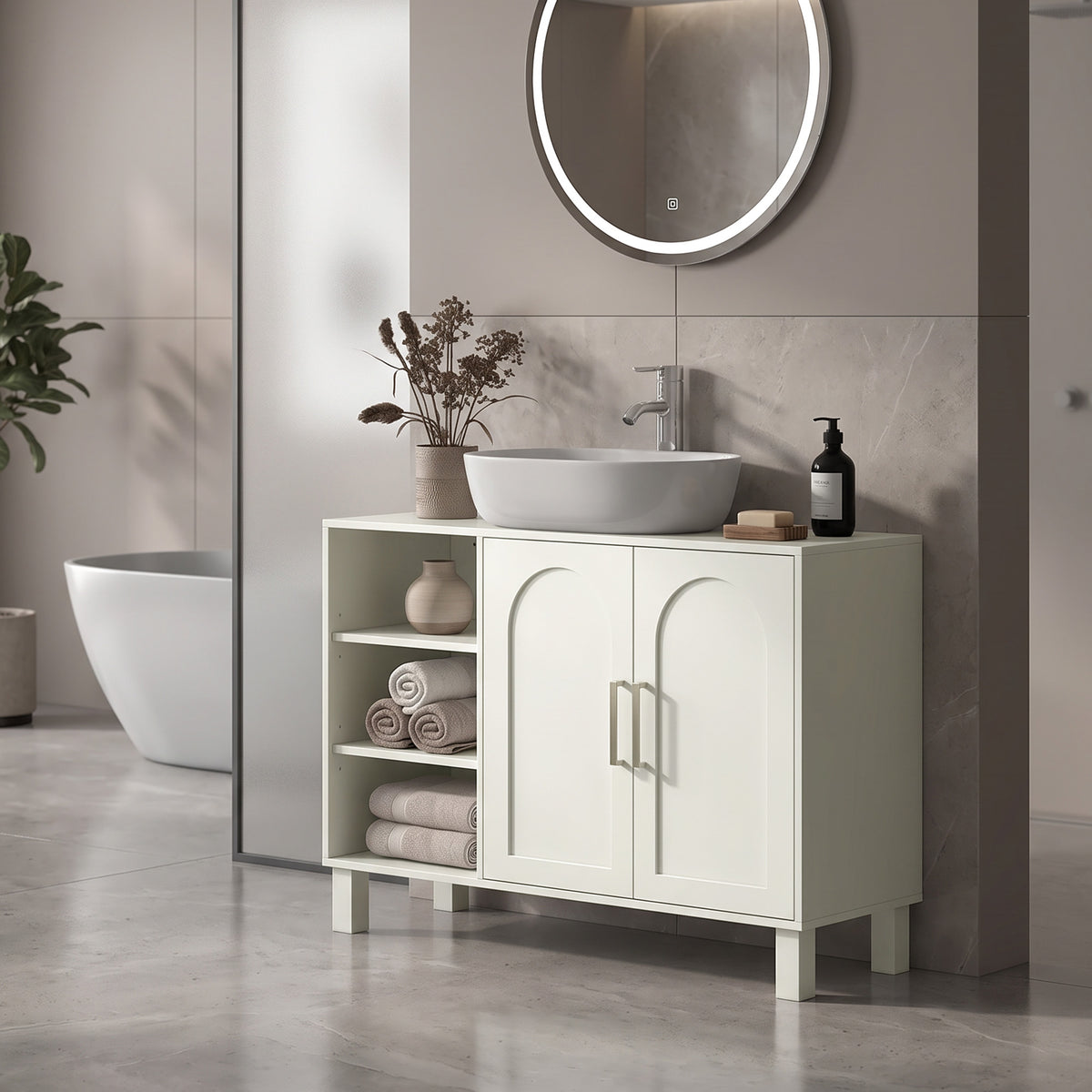 Cream bathroom under-sink cabinet with two doors, U-shaped cutout, and interior shelf