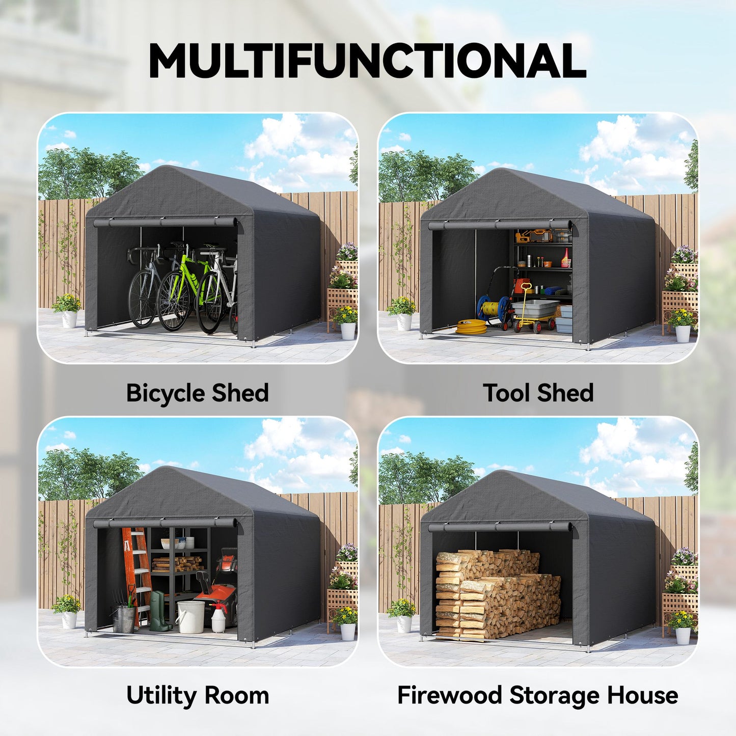 Outsunny Outdoor Garden Bike Storage Shed With Waterproof Roll Up Zipper Door And Galvanised Metal Frame Dark Grey