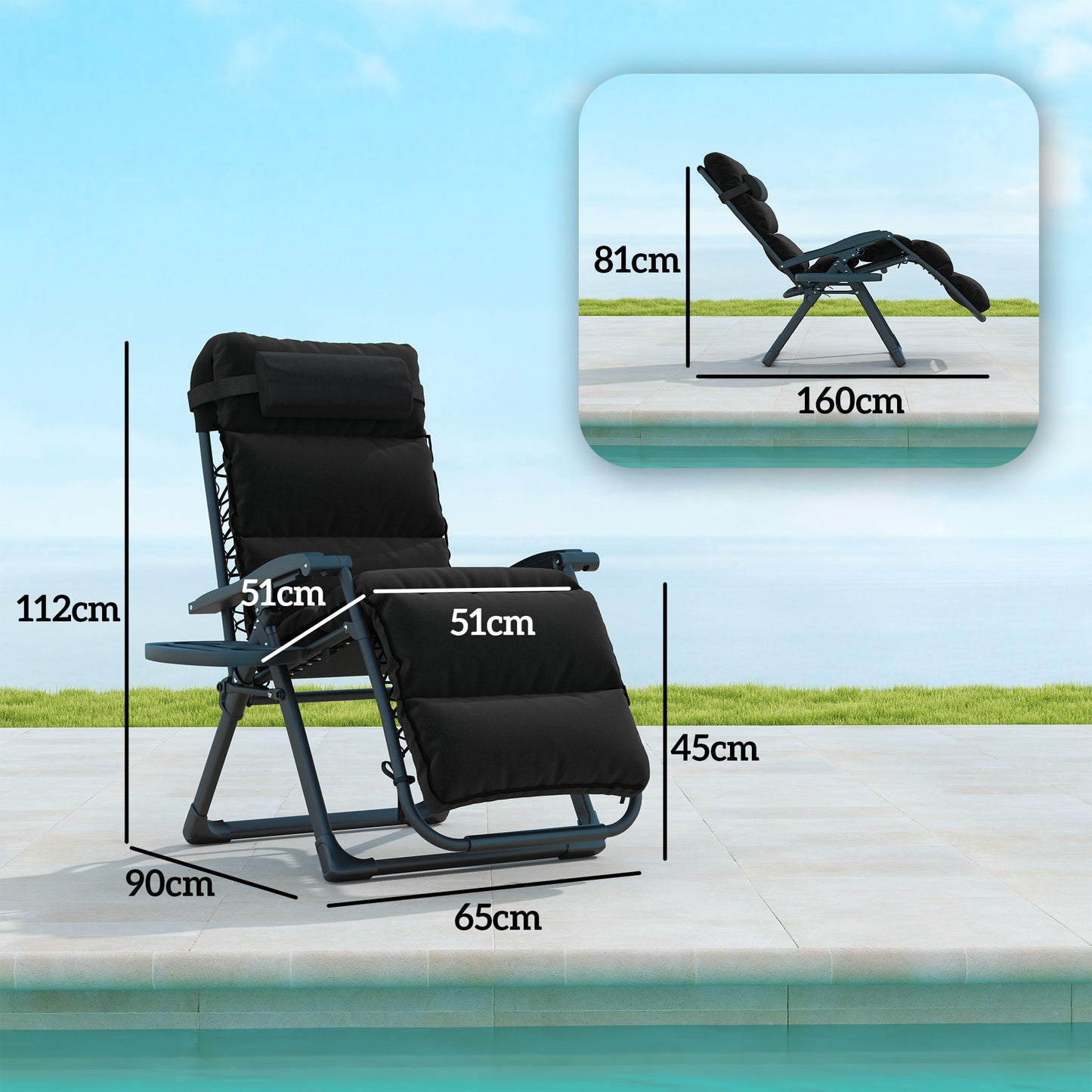 Outsunny Set of Two Reclining Sun Loungers With Cushions Black Outdoor Zero Gravity Patio Chairs