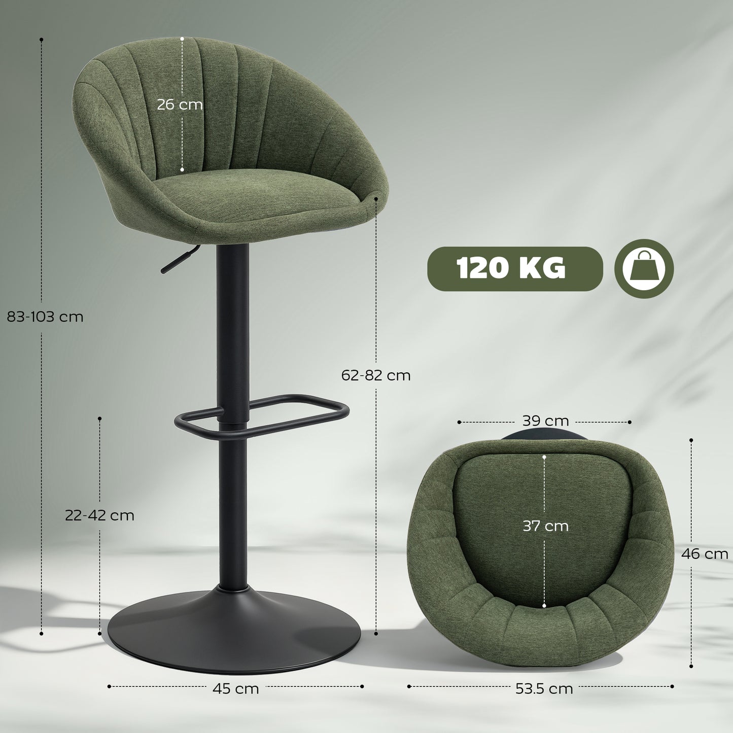 HOMCOM Set of Two Relaxed Tub Bar Stools Dark Green Adjustable Height 62 to 82 cm 360 Degree Swivel Seats