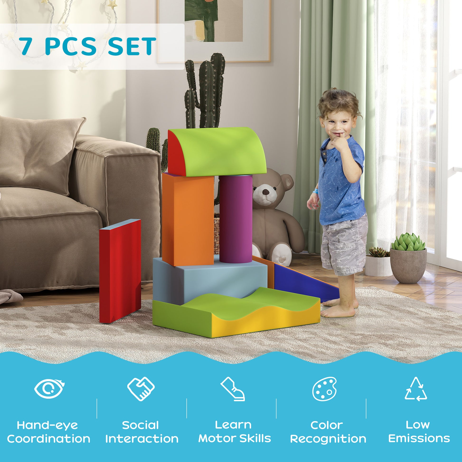 HOMCOM Colorful 7-Piece Soft Play Set for Toddlers Aged 1-3 Years - ALL4U RETAILER LTD