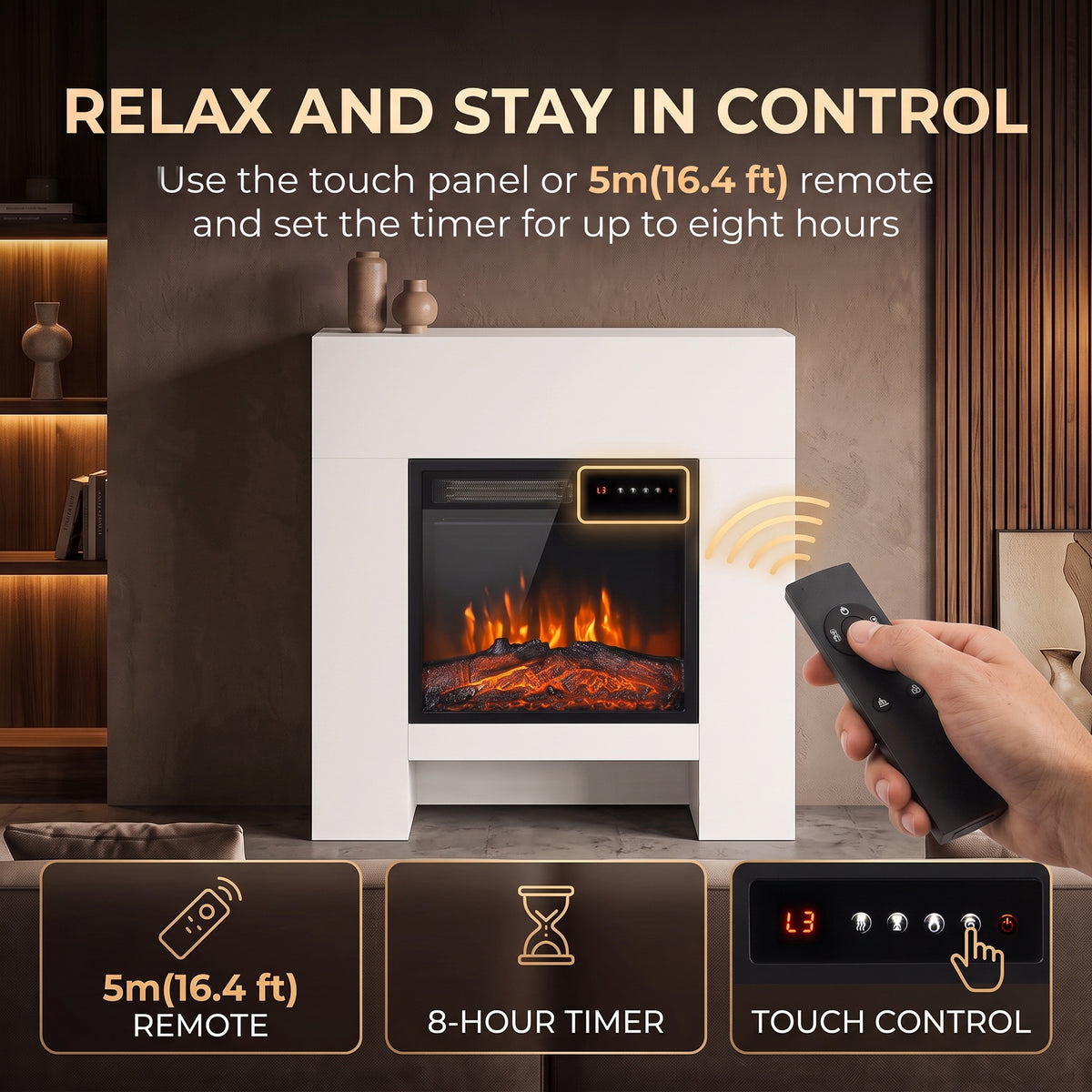 White electric fireplace cabinet with touch control panel and remote