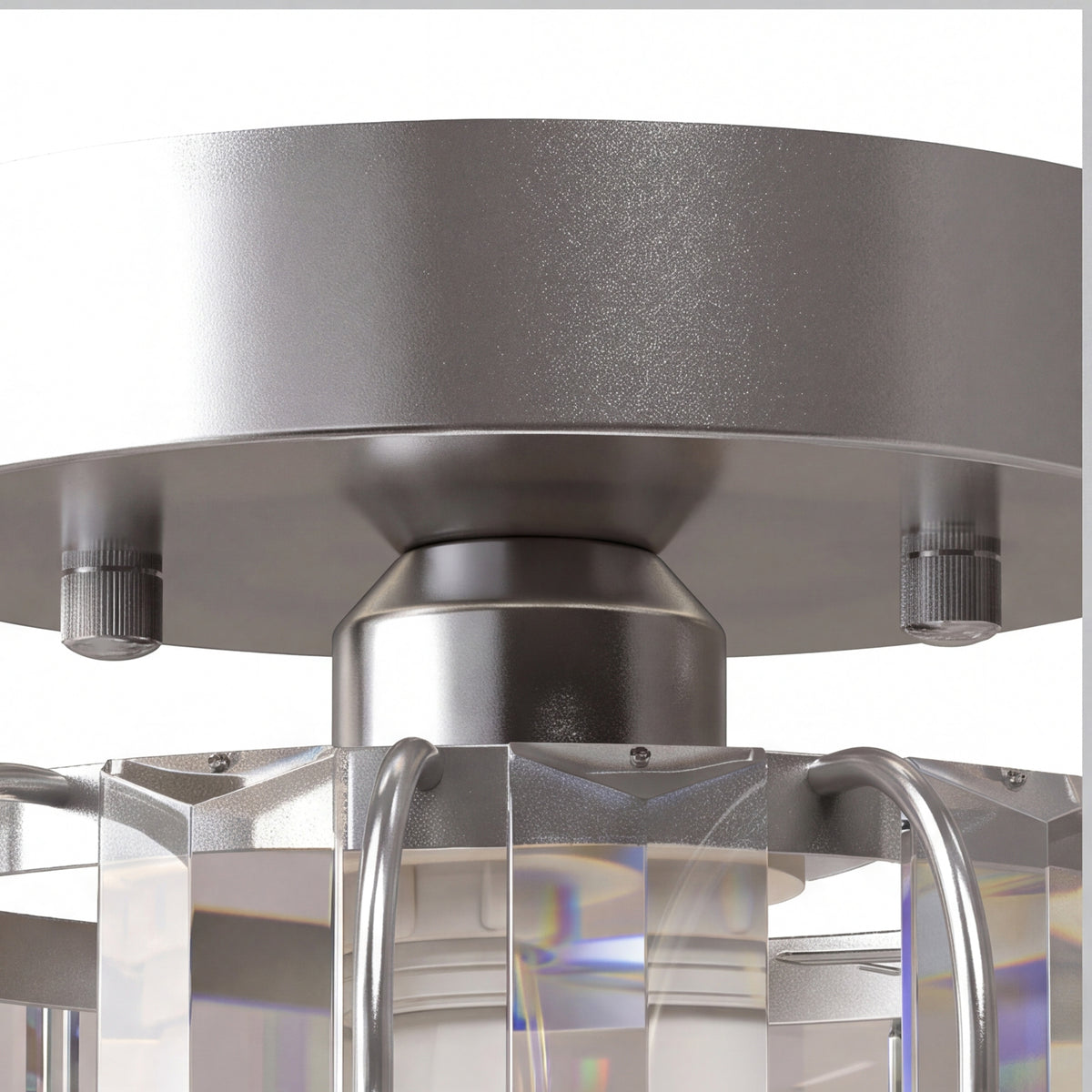Semi-flush ceiling light canopy with clear crystal bars and metal frame detail