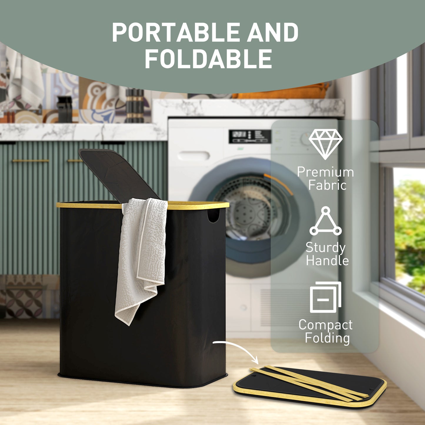HOMCOM Double Laundry Basket With Lid 80L Collapsible Hamper Twin 40L Compartments For Bathroom Laundry Room