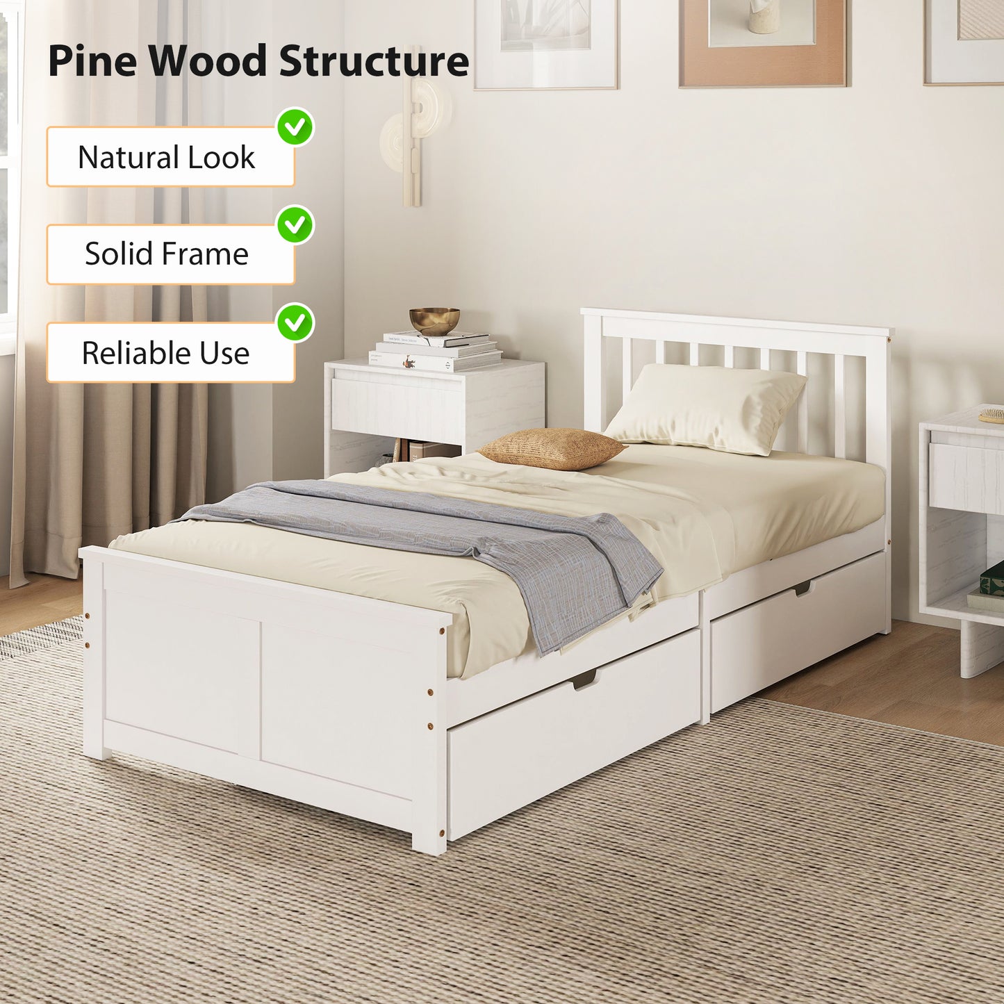HOMCOM Wooden Single Bed Frame With Two Sliding Drawers In White Finish Perfect For Compact Bedrooms And Small Rooms