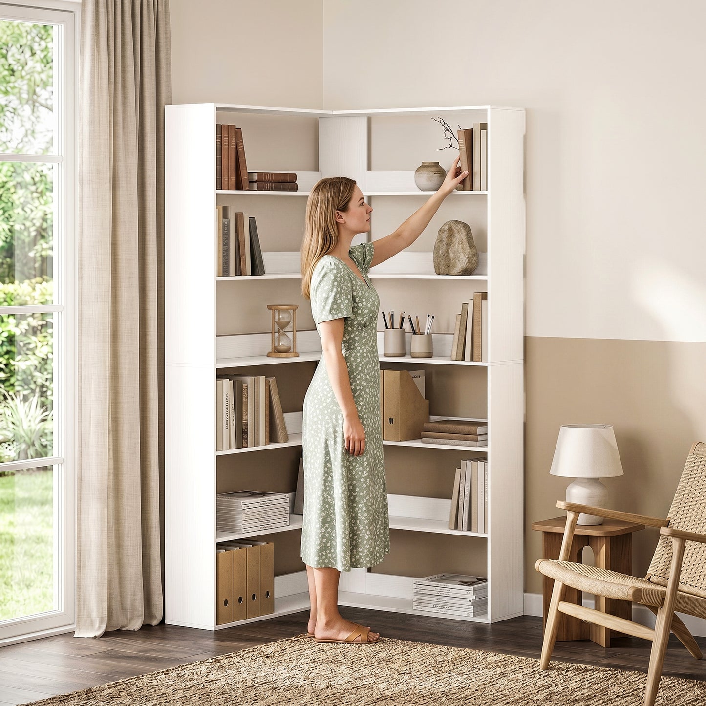 HOMCOM 7 Tier L Shaped Corner Bookshelf White Wood Effect 180 cm Tall With Anti Slip Rear Guard