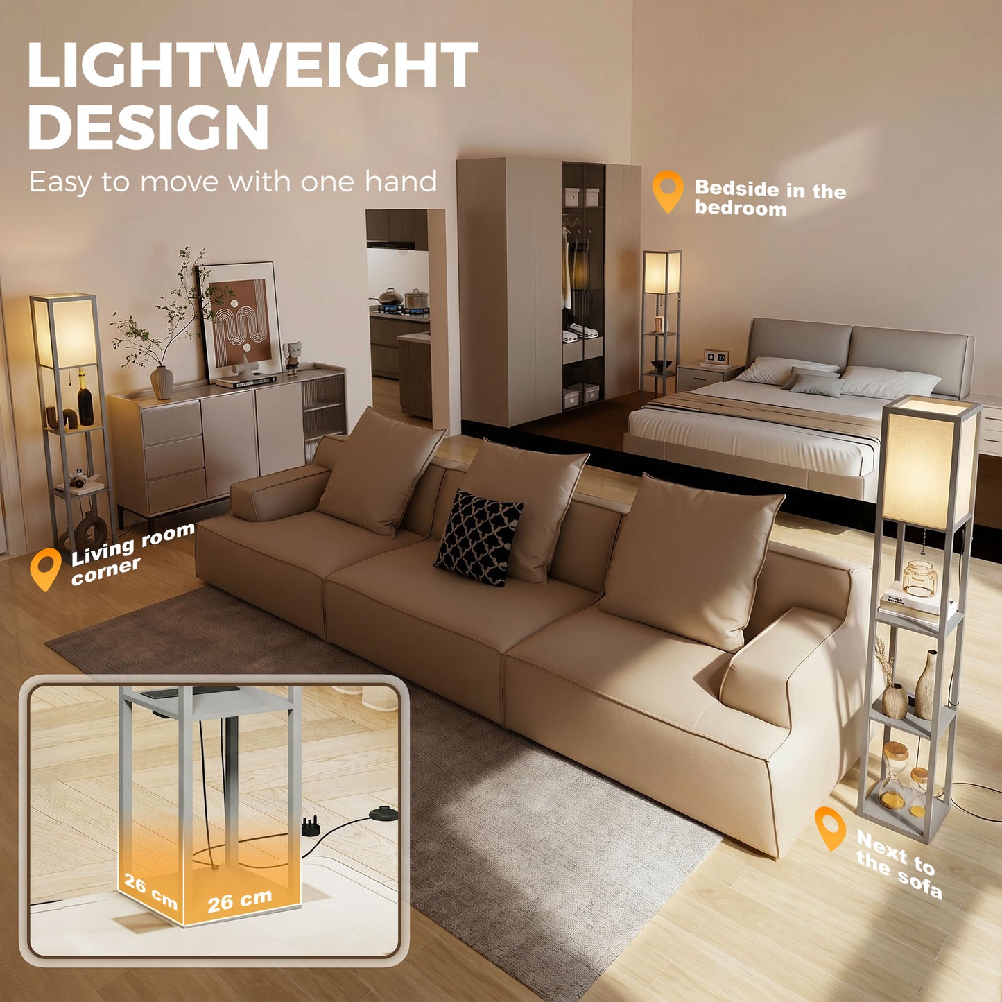 HOMCOM Floor Lamp With Shelves Three Tier Column Modern Standing Lamp For Living Room Bedroom Office Grey
