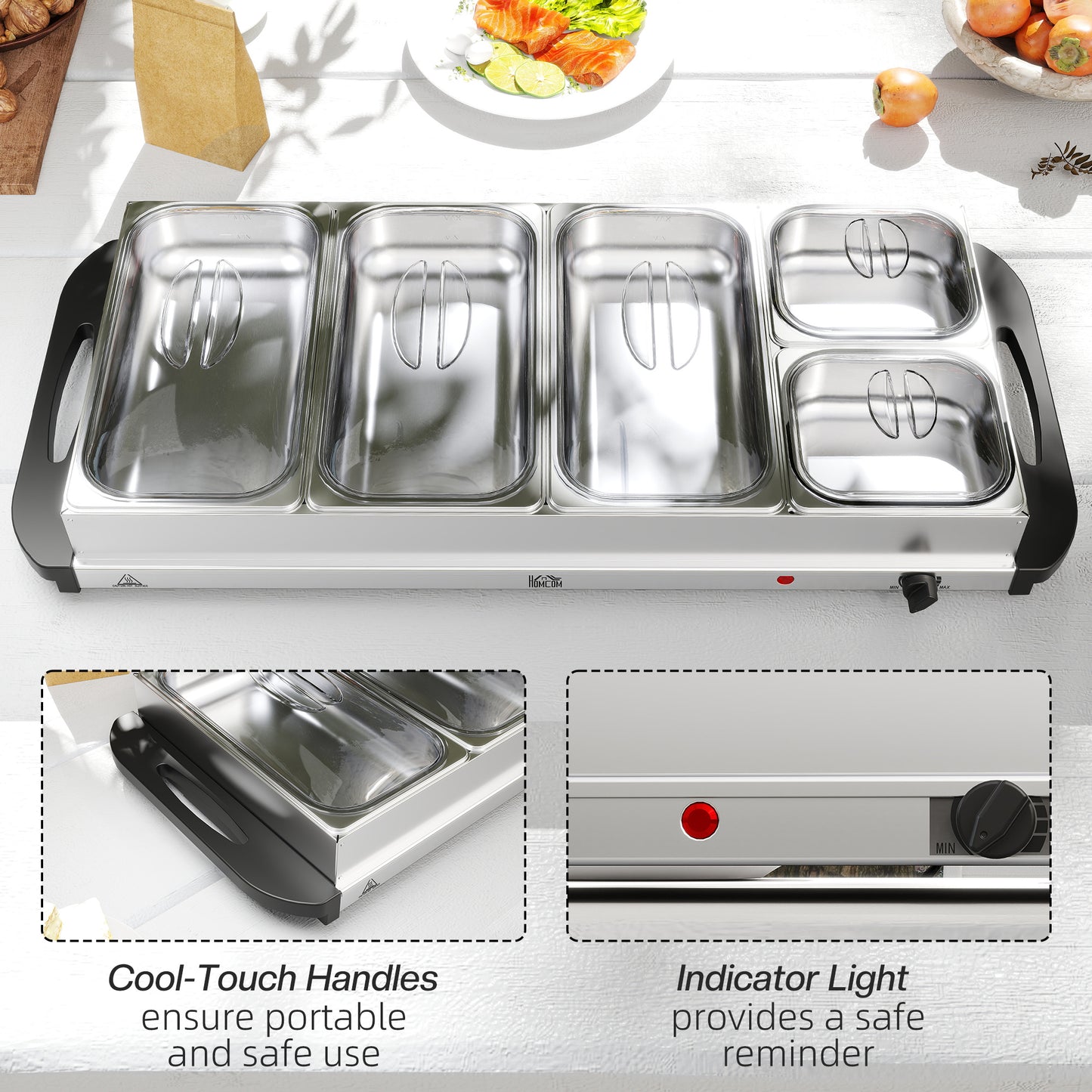 HOMCOM Five Tray Electric Buffet Warmer With Warming Plate And Adjust Temp Cool Touch Handles 300W 3X2.4L And 2X1L Pans