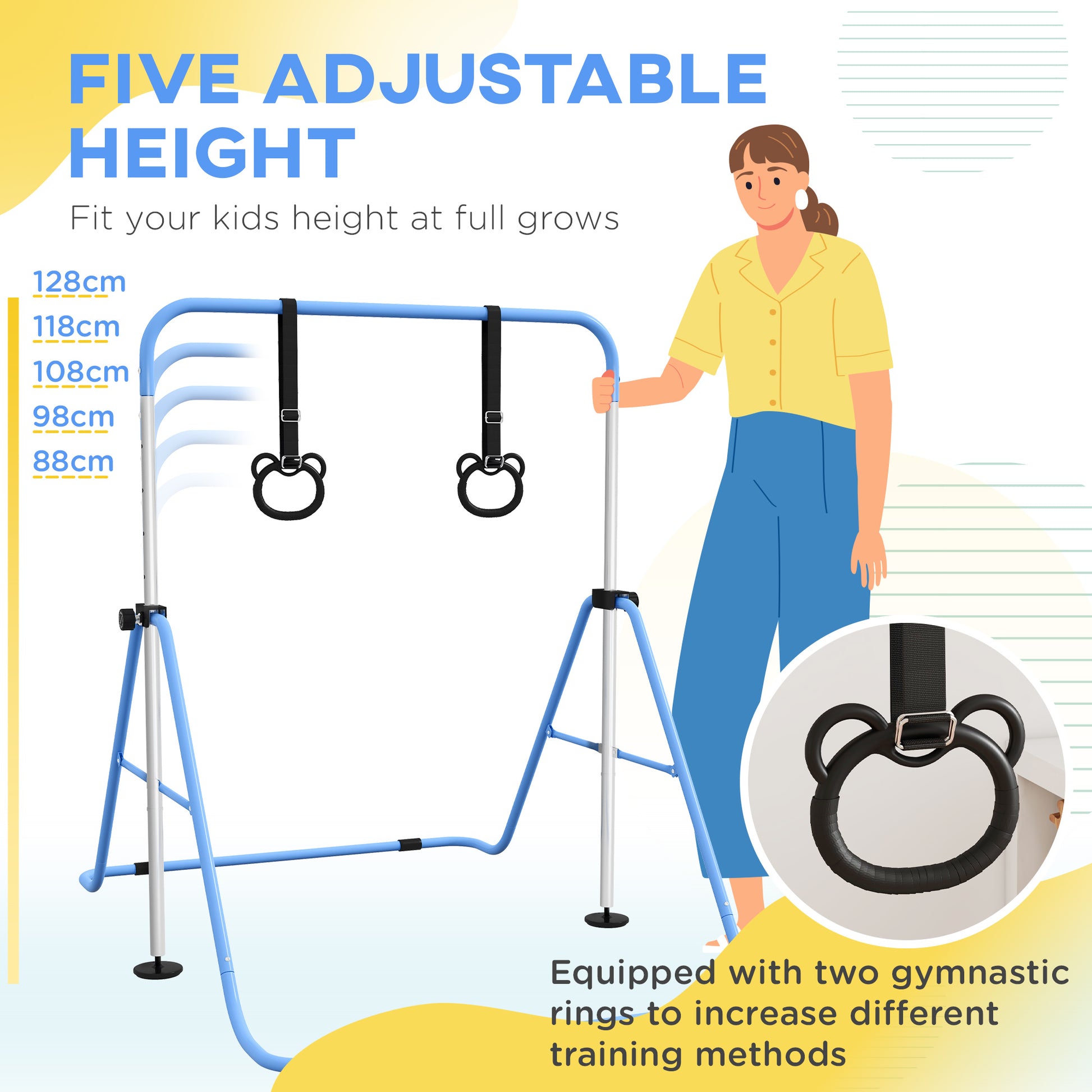 HOMCOM Height-Adjustable Foldable Gymnastics Bar for Kids with Non-Slip Mats, Blue, Ages 3+ - ALL4U RETAILER LTD