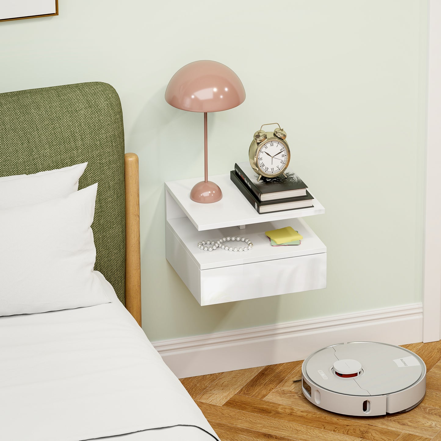 HOMCOM Floating High Gloss White Bedside Table With Pull Out Drawer And Open Shelf Wall Mounted Nightstand