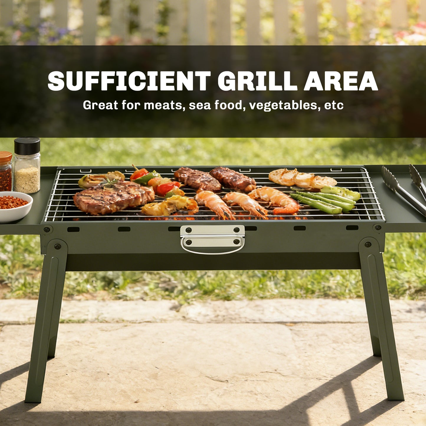Outsunny Portable Foldable Charcoal BBQ Grill for Camping and Picnics with Two Side Shelves and Handle Green