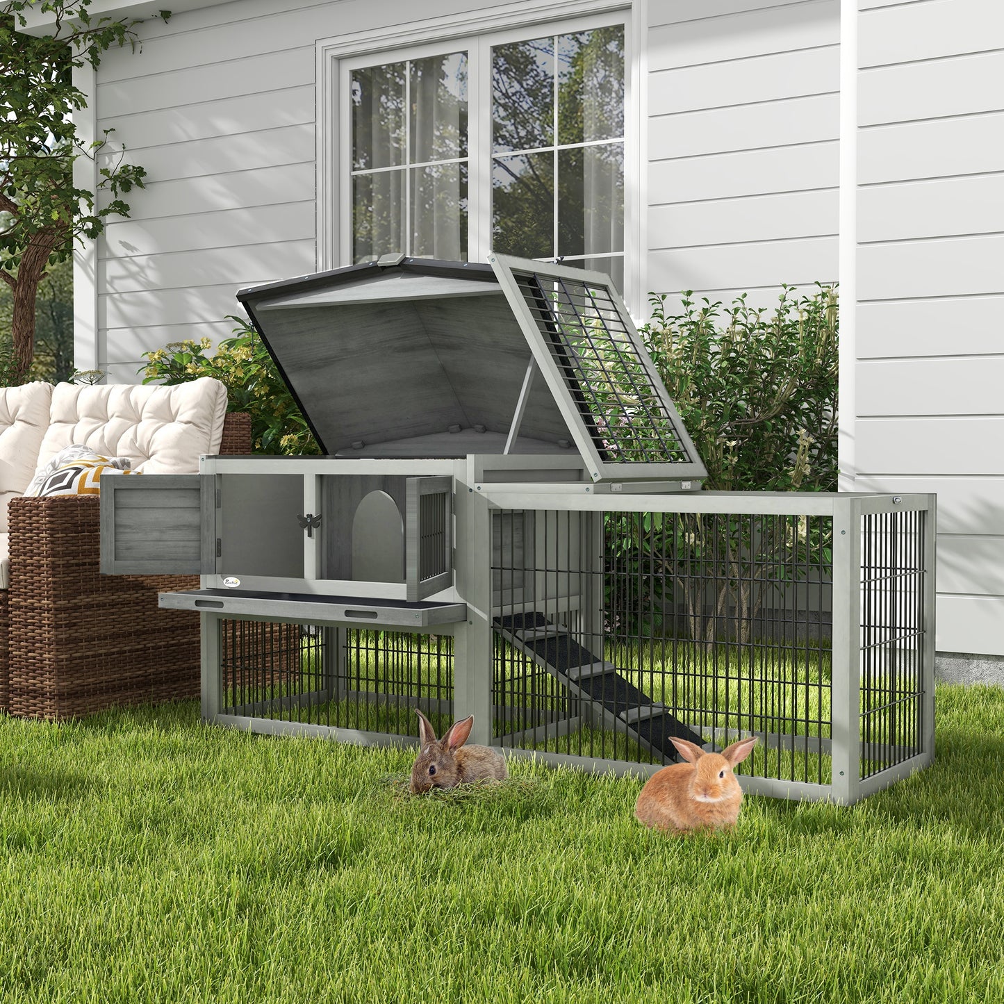 PawHut Elegant Grey Wooden Rabbit Hutch with Outdoor Run for Small Pets - ALL4U RETAILER LTD