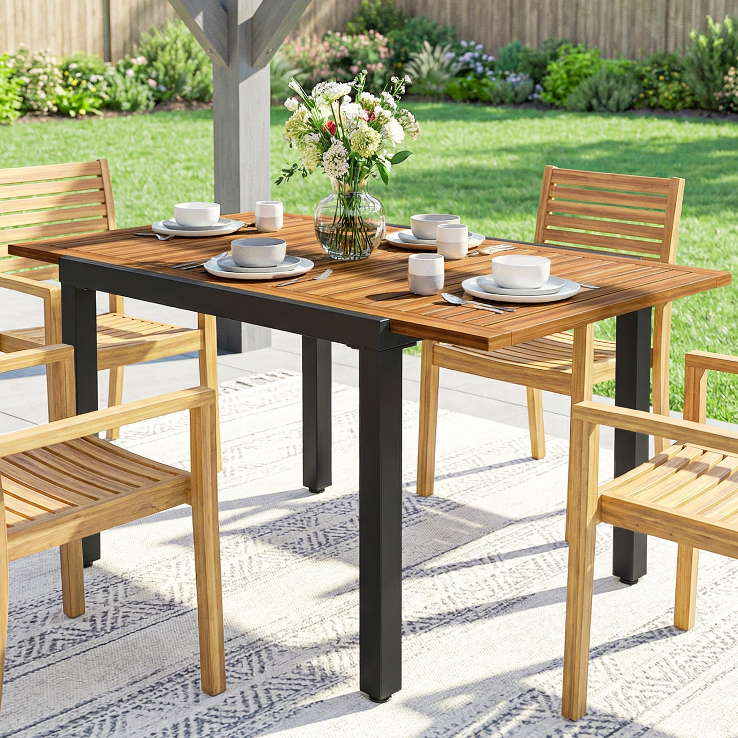 Outsunny Patio Dining Table Expandable Outdoor Table With Acacia Wood Top 80 To 120 Cm Natural And Black