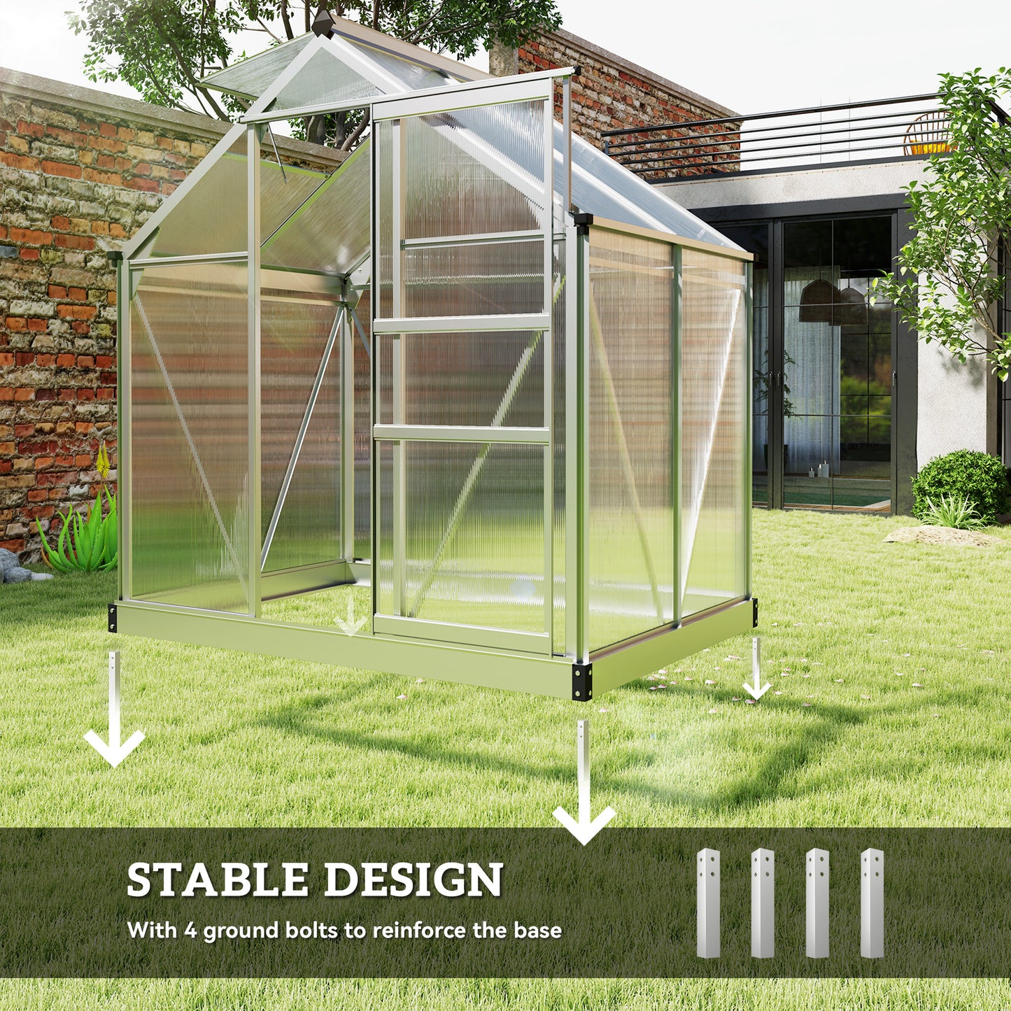 Outsunny Large Polycarbonate Greenhouse Walk In With Slide Door And Window Aluminium Frame 6x4ft Silver Tone