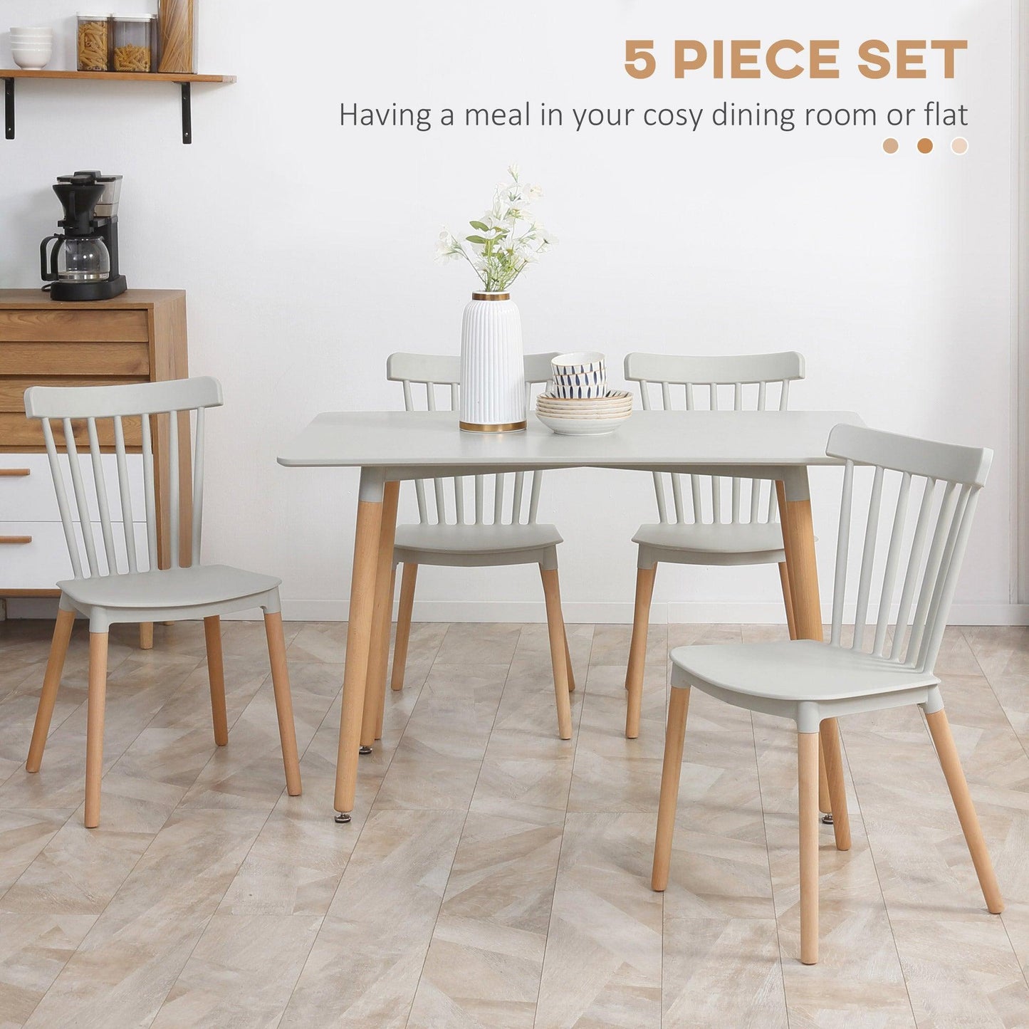 HOMCOM 5 Piece Dining Table Set with Beech Wood Legs, Space Saving Table and 4 Chairs for Small Kitchens, Grey - ALL4U RETAILER LTD