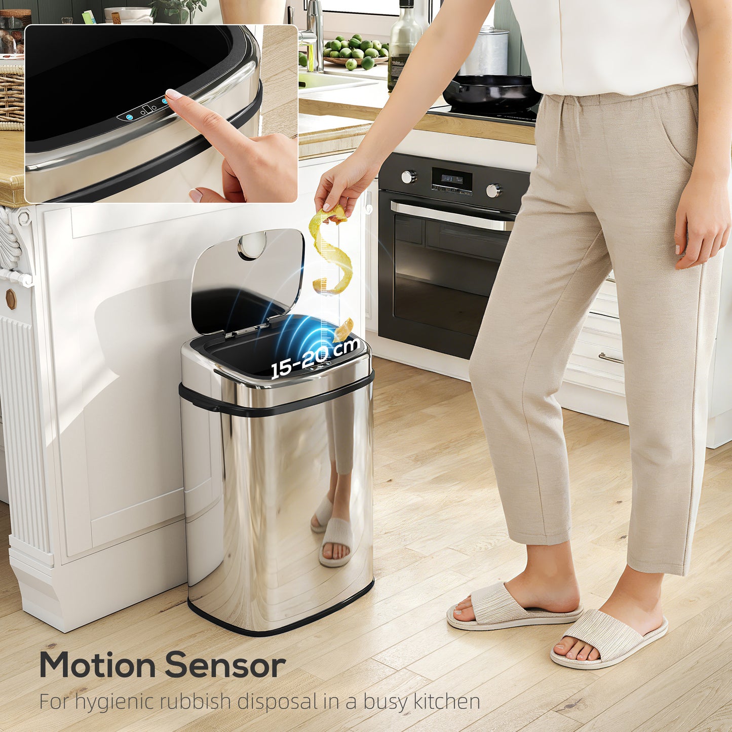 HOMCOM 50L Stainless Steel Sensor Bin Hands Free Lid Silver Tone Smart Kitchen Bin