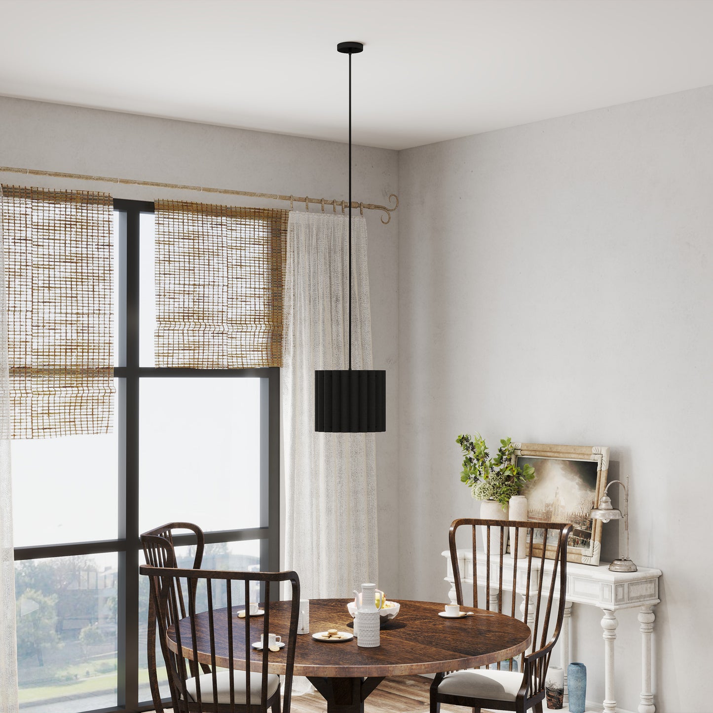HOMCOM Linen Pendant Light E27 Bulb Modern Hanging Ceiling Lamp For Living Room Bedroom Kitchen Hallway Black