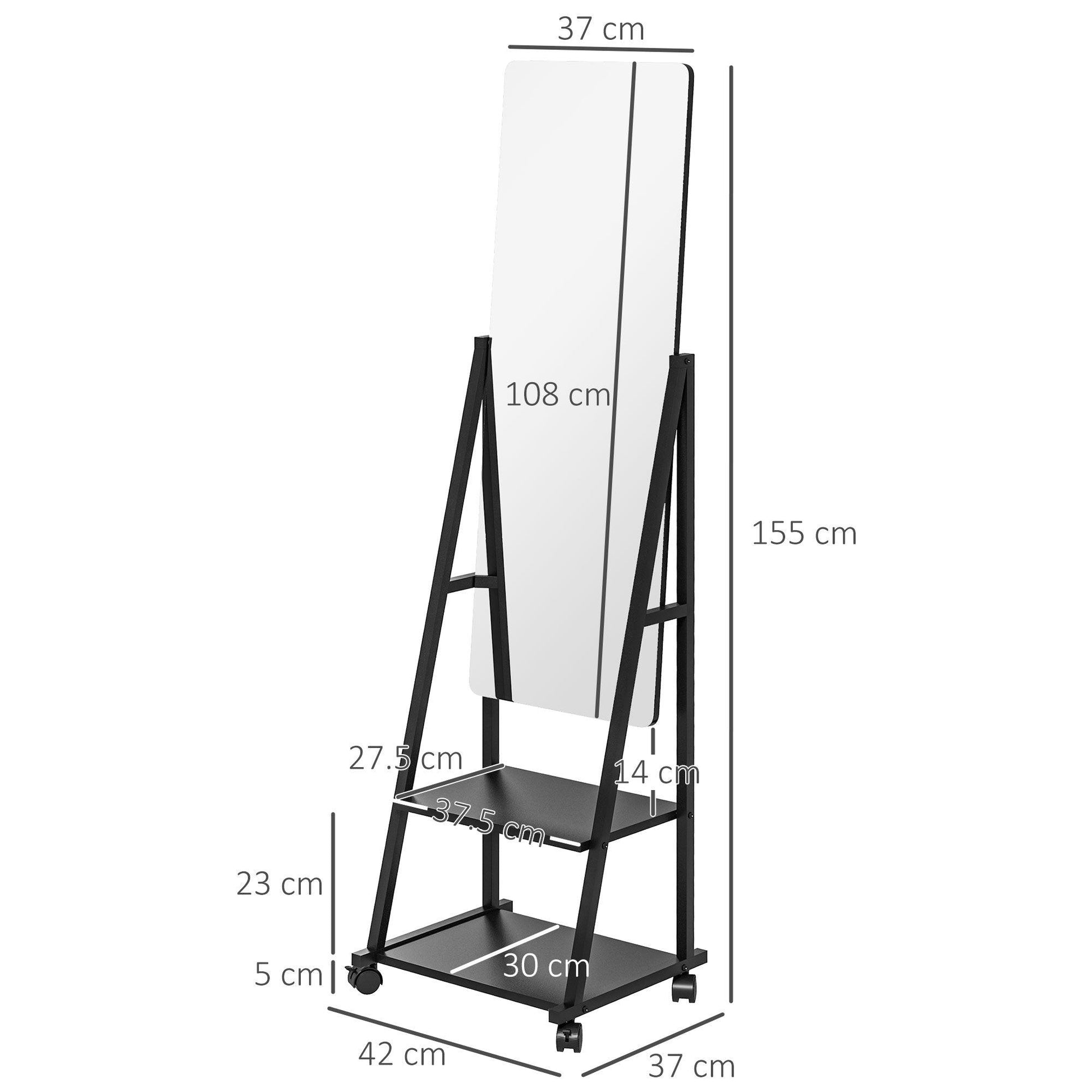 HOMCOM Movable Full Length Mirror Adjustable Full Body Mirror with 2 Shelves - ALL4U RETAILER LTD