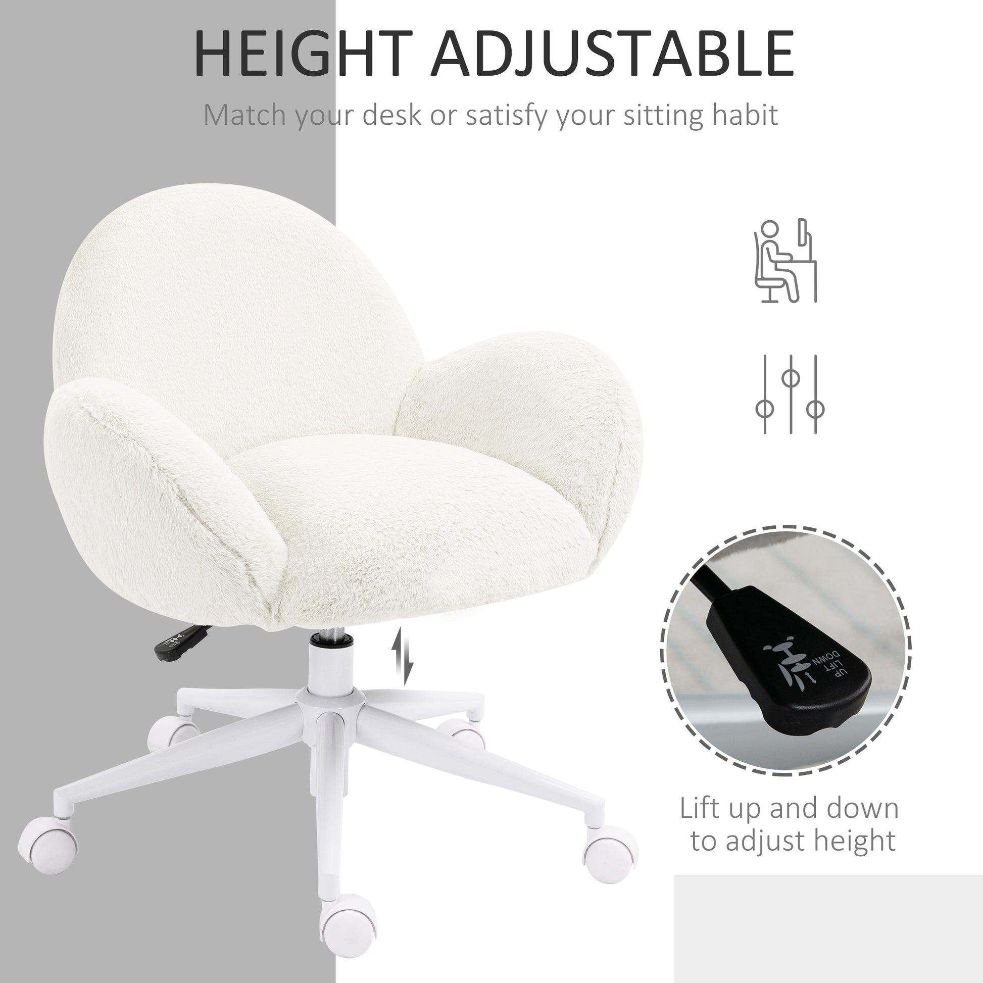 HOMCOM Fluffy Cream White Desk Chair with Rolling Wheels - Makeup Vanity Chair for Home Office and Bedroom - ALL4U RETAILER LTD