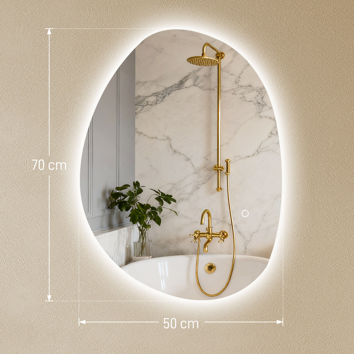 Oval LED bathroom mirror, 70 x 50 cm size with gold-toned faucet reflection.