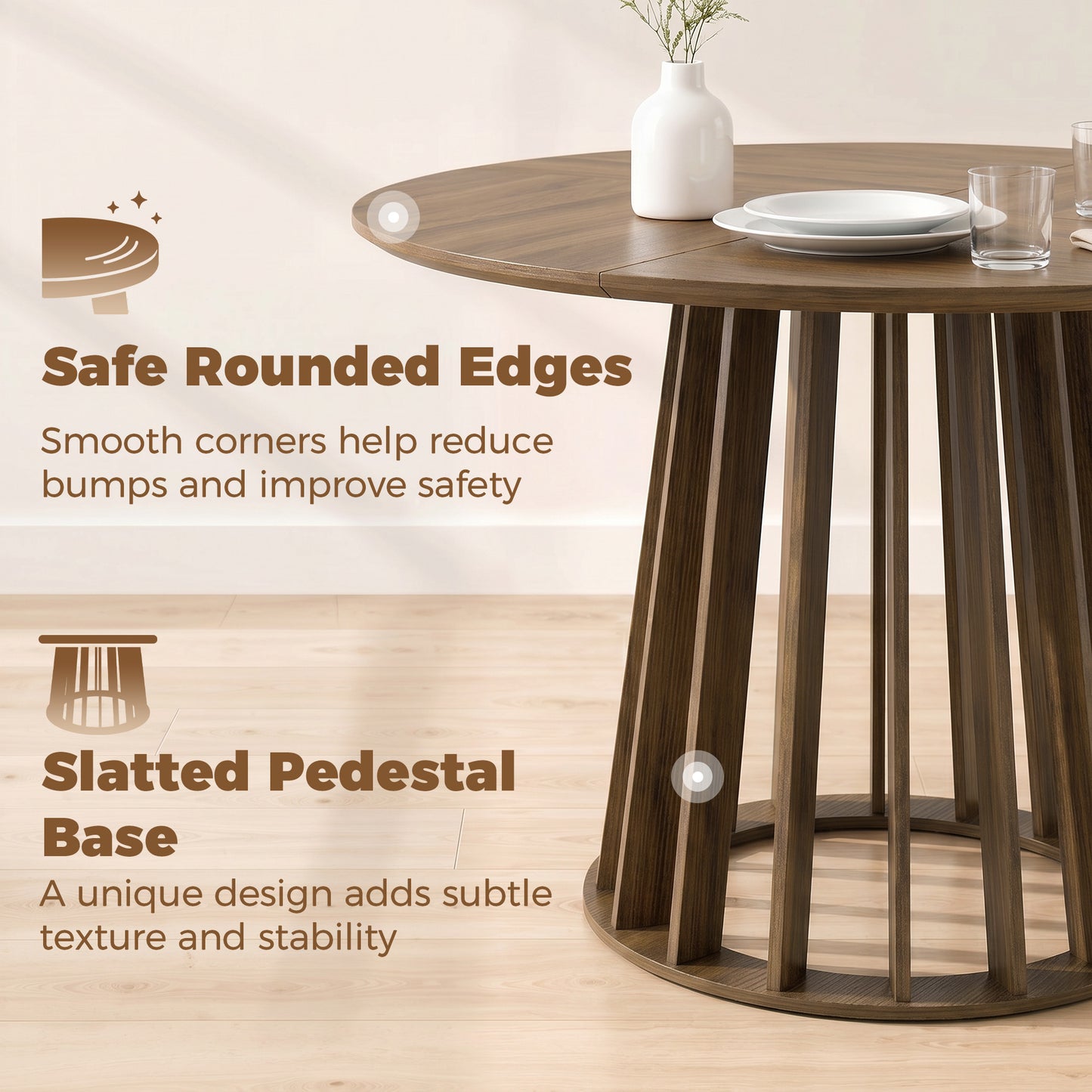 HOMCOM Round Dining Table 120 Cm for 4 To 6 People with Slatted Base Light Walnut Kitchen Table