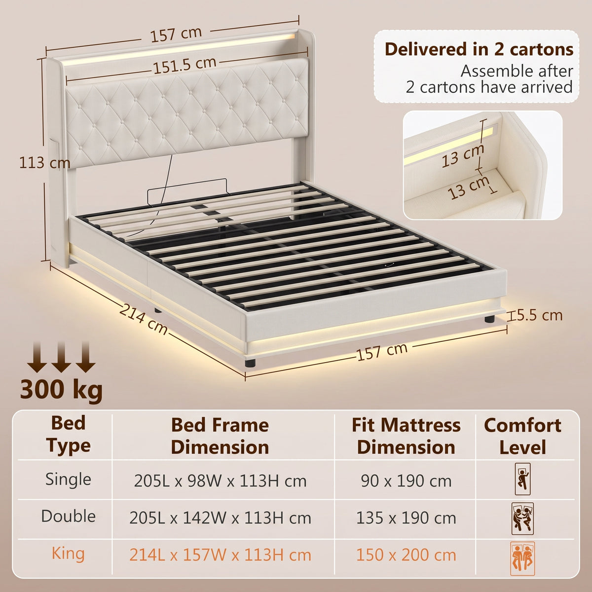 HOMCOM King Bed Frame With Hydraulic Storage Led Charging