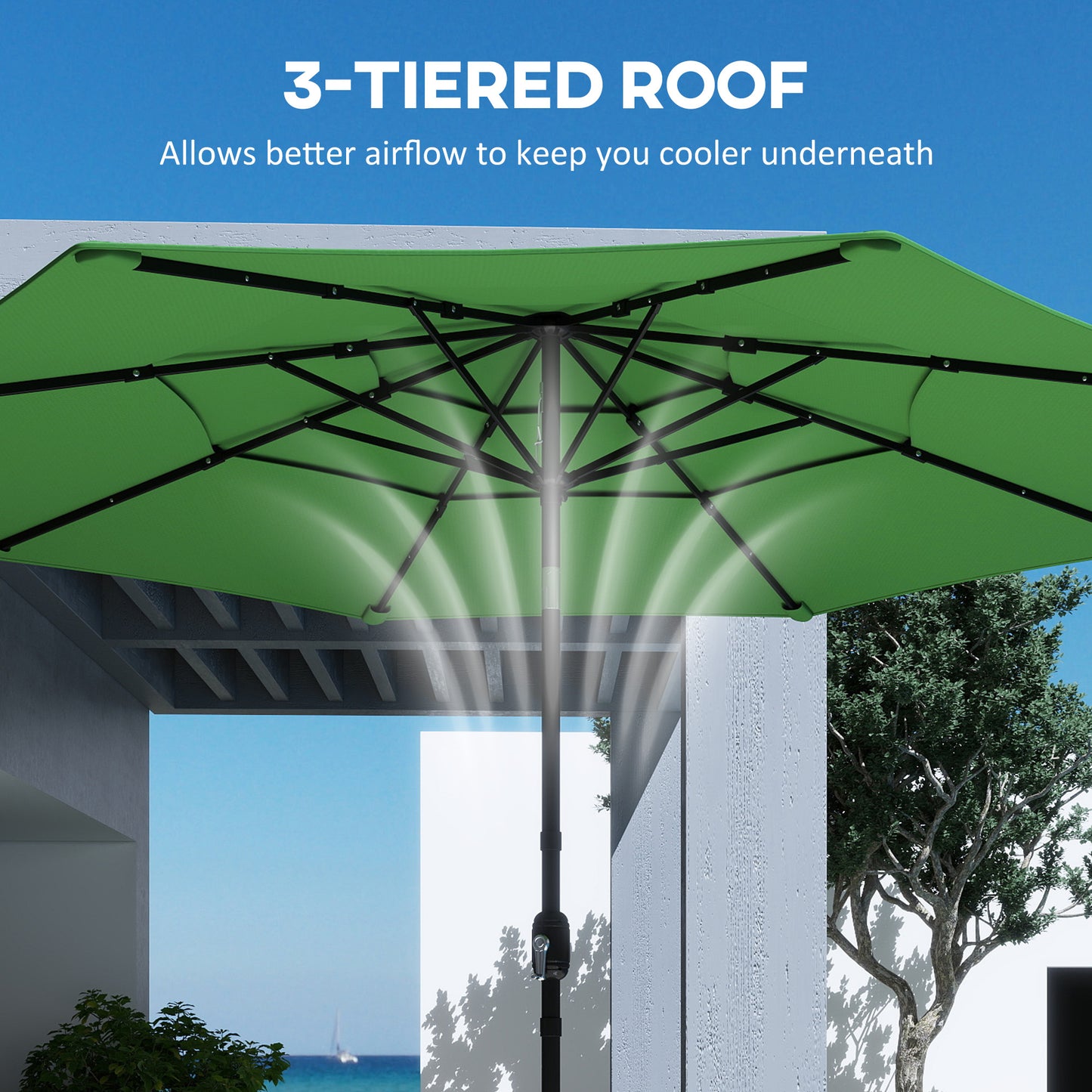 Outsunny Garden Parasol With 3 Tier Roof And Crank Handle Tilt Function Polyester Canopy In Green