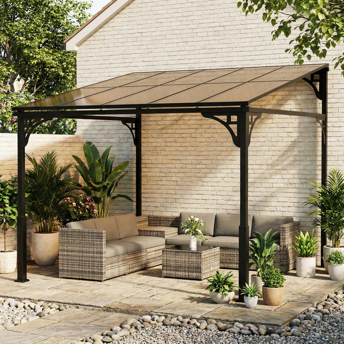 Outsunny 3 x 2.87 m Wall Mounted Lean To Garden Pergola With Polycarbonate Roof And Galvanized Metal Frame