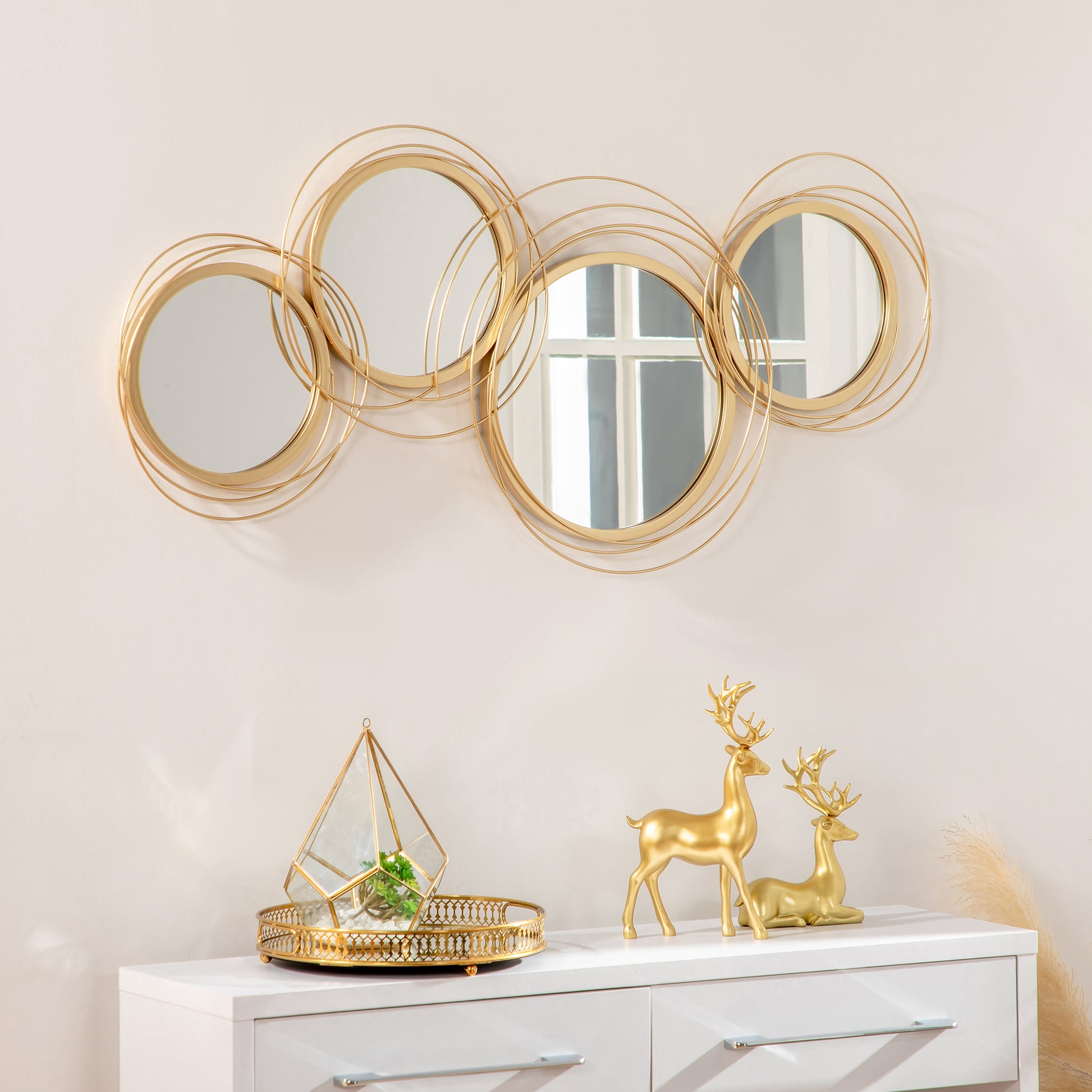 HOMCOM Gold-Tone Modern Metal Wall Mirror Art with Asymmetric Circular Design for Home Decor - ALL4U RETAILER LTD