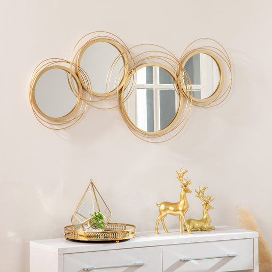 HOMCOM Gold-Tone Modern Metal Wall Mirror Art with Asymmetric Circular Design for Home Decor - ALL4U RETAILER LTD